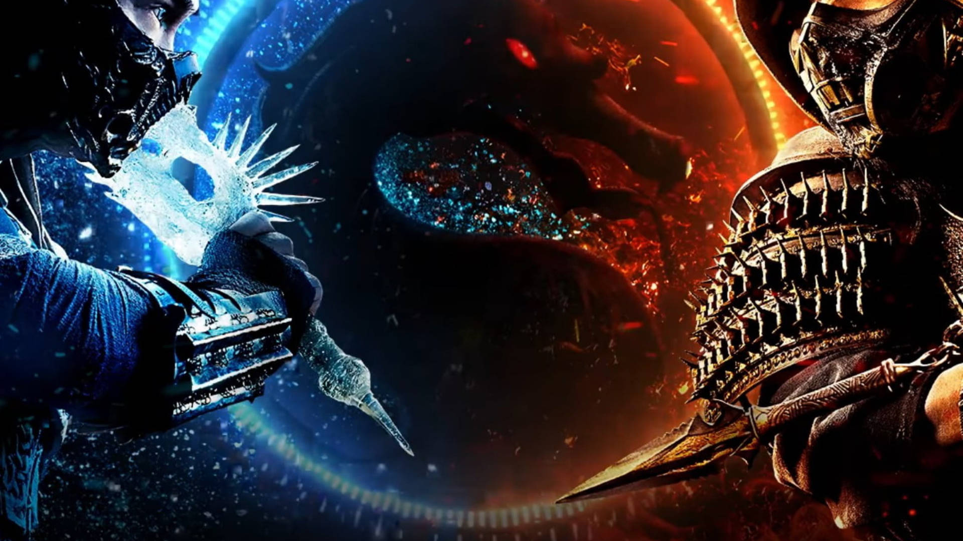 mortal kombat scorpion vs sub zero 桌布 壁紙 — 兩名裝甲戰士在宇宙空間中交鋒，一人揮舞冰霜能量，另一人手持烈焰之刃，身處旋轉星雲之中。