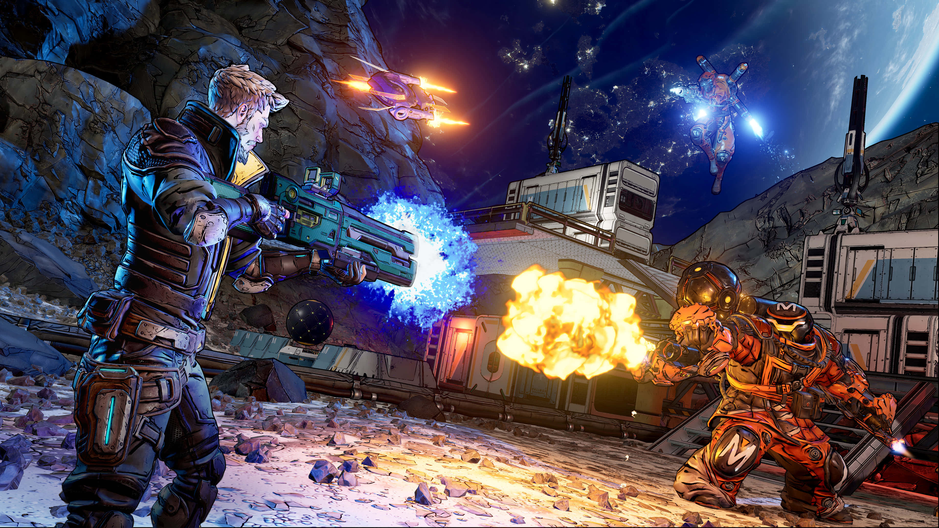 4K Borderlands 3 桌布 壁紙 — 兩名裝甲戰士在岩石外星峽谷中交戰，背景是星空、飛船和爆炸。