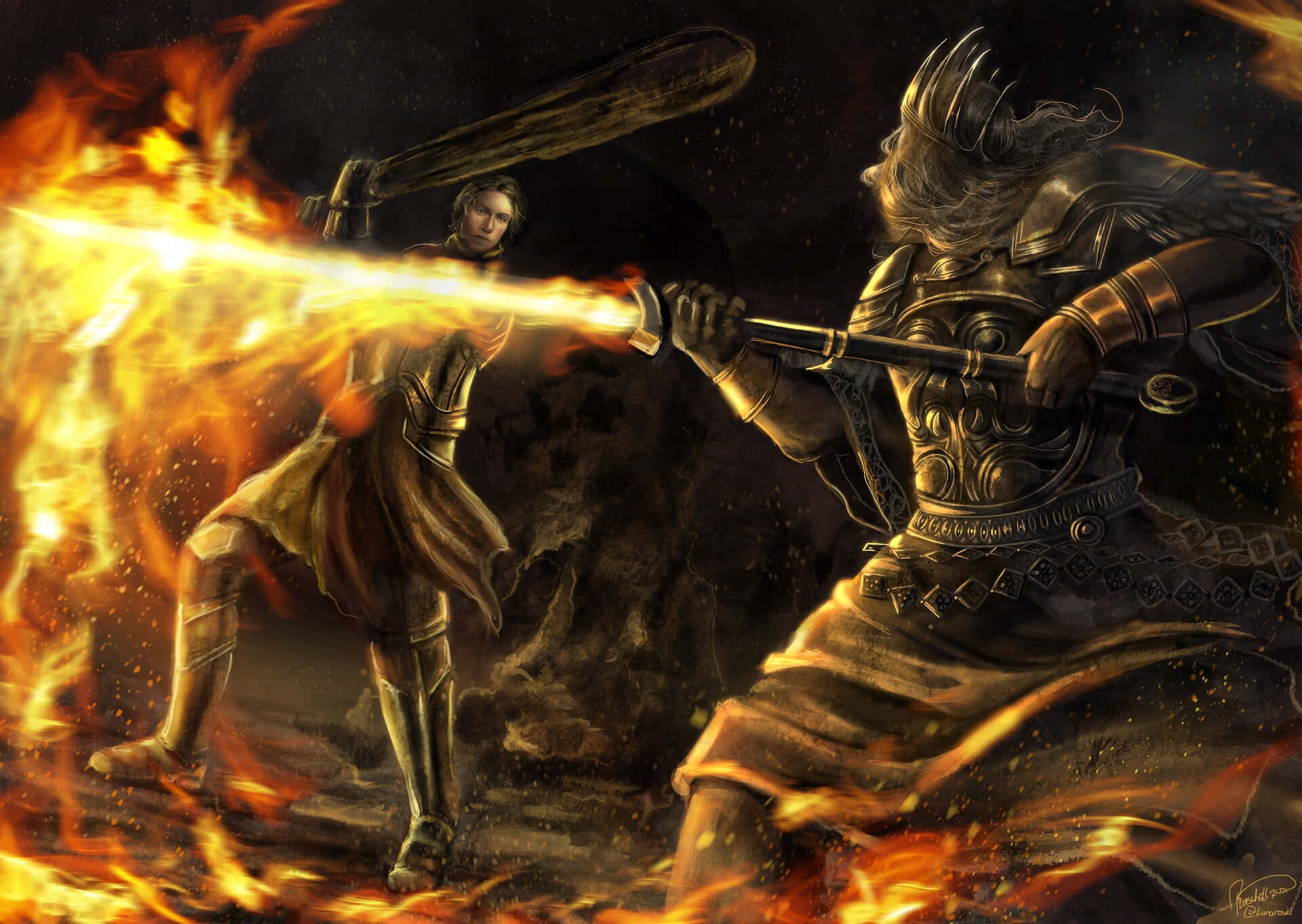 Dark Souls Gwyn 桌布 壁紙 — 兩名裝甲戰士在旋轉的火焰和黑煙中，手持發光劍進行激烈的戰鬥。