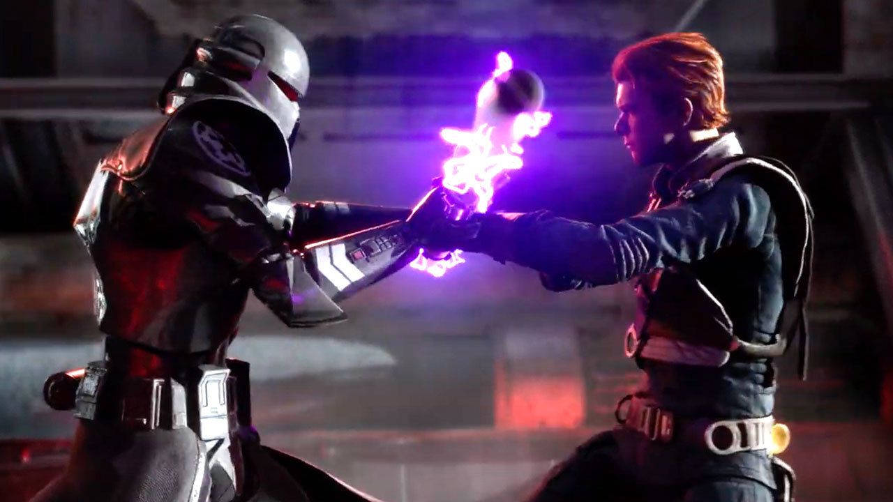 Jedi 桌布 壁紙 — 兩名裝甲戰士在昏暗的競技場中交鋒，武器鎖定處迸發出發光的紫色能量。
