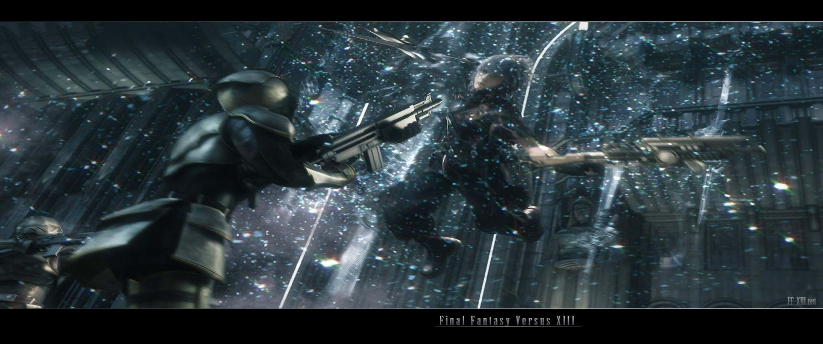 3440x1440p Final Fantasy Xv 桌布 壁紙 — 兩名裝甲戰士在星空下、發光粒子飄浮的未來風格大教堂中交鋒。