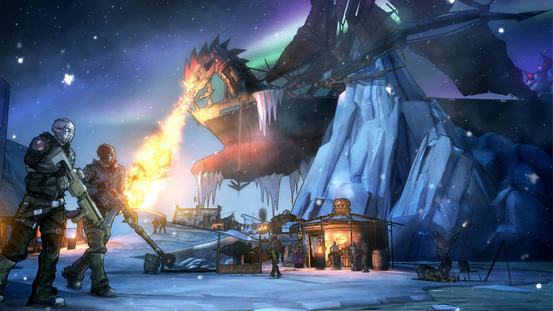 Borderlands 桌布 壁紙 — 兩名裝甲戰士在星空極光下的雪地外星前哨站，向一隻巨型冰龍發射火焰噴射器。