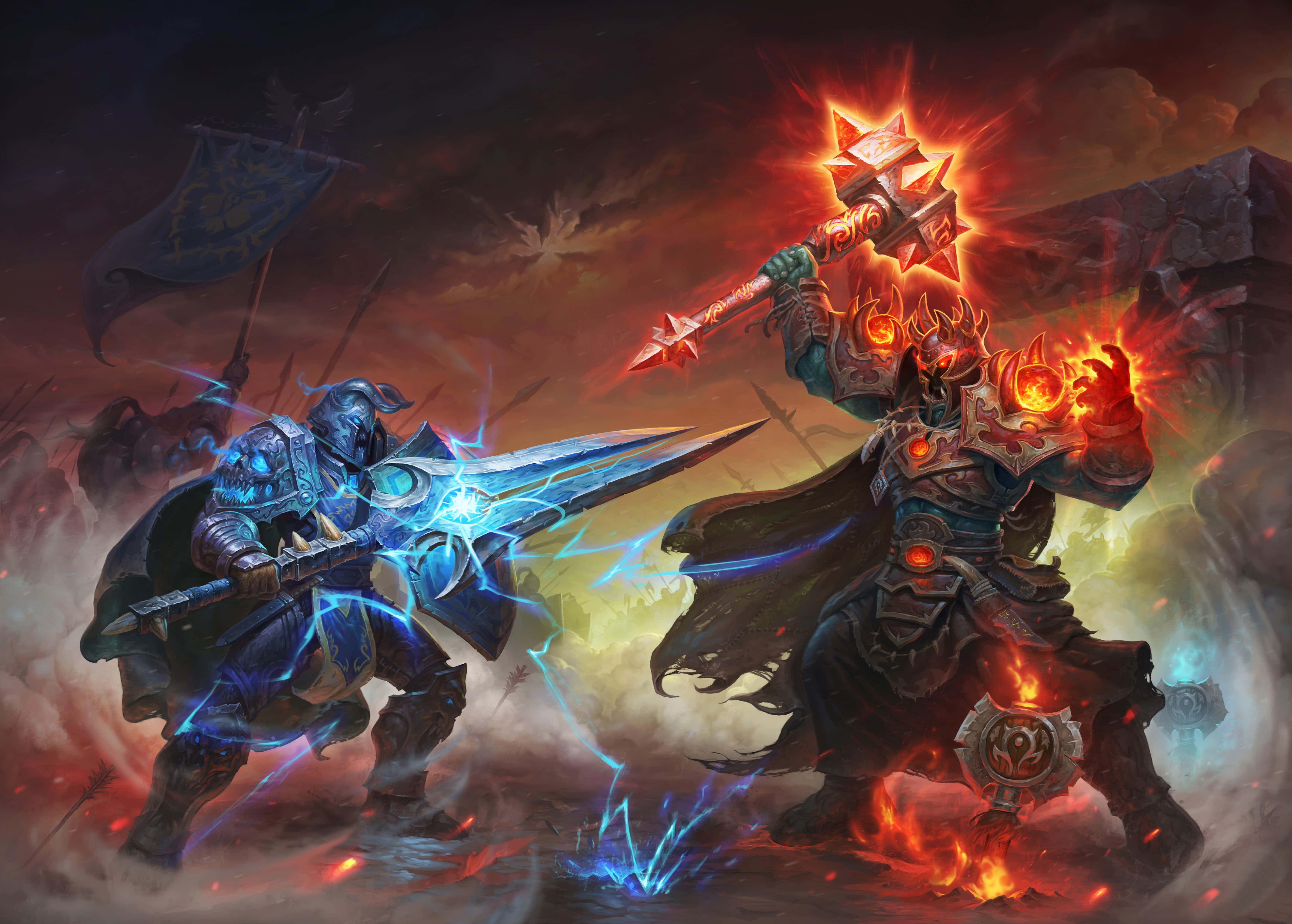 World Of Warcraft Races 桌布 壁紙 — 兩名裝甲戰士在激烈的戰鬥中交鋒，一人揮舞著發光的藍色劍，另一人揮舞著火焰錘，在煙霧和黑暗的天空中。
