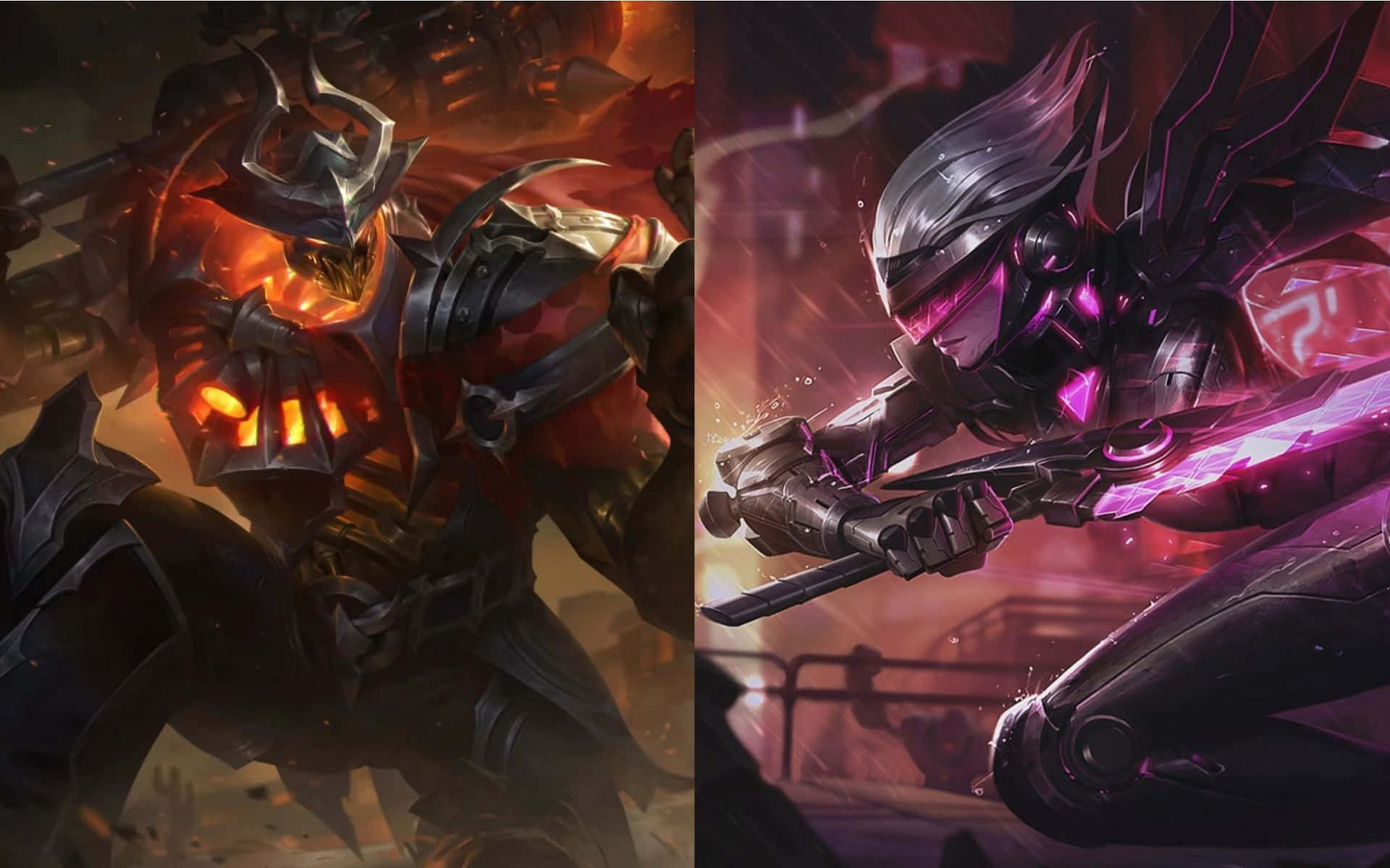 Best League Of Legends 桌布 壁紙 — 兩名裝甲戰士在火焰和霓虹燈光下的戰鬥場景中激烈交鋒，手持發光武器，表情猙獰。