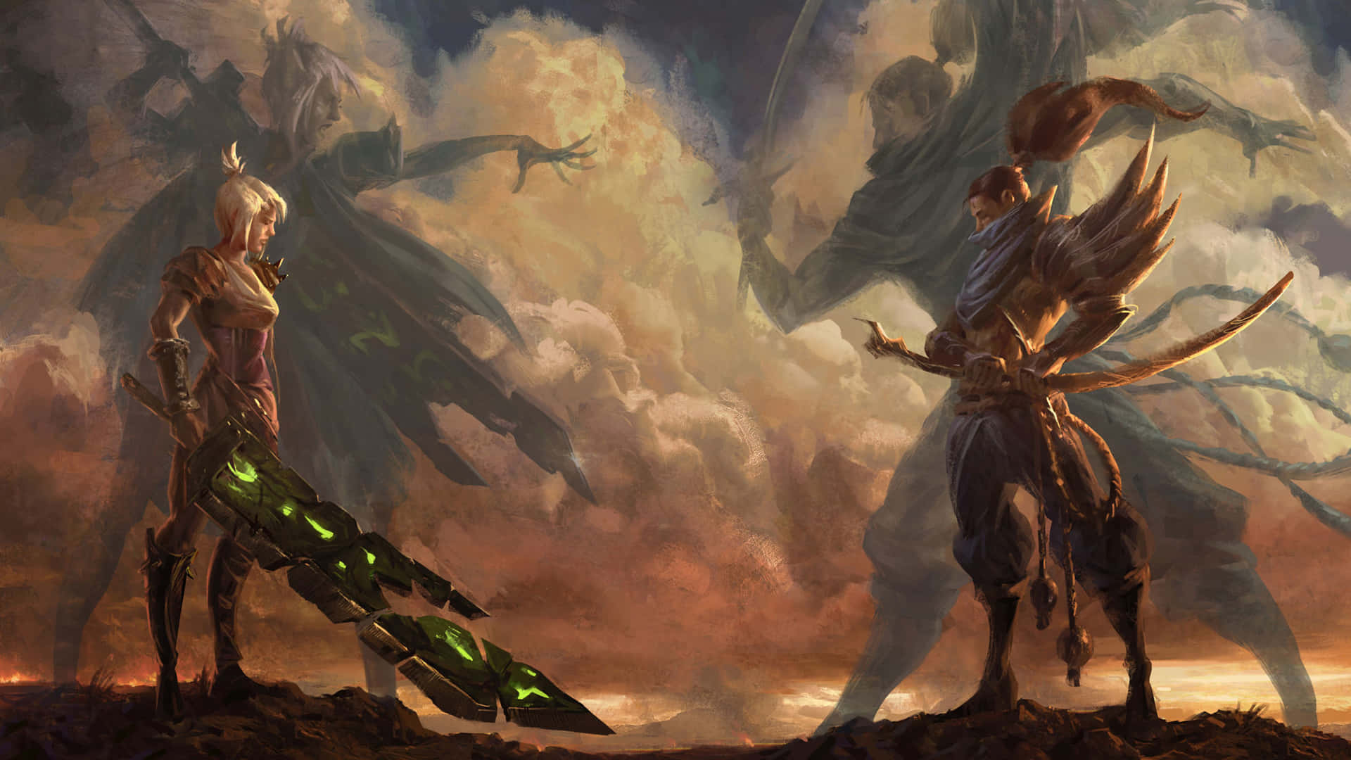 Lol 1920 X 1080 Gaming 桌布 壁紙 — 兩名裝甲戰士在火雲密佈的天空下，準備與陰影有翼敵人作戰。