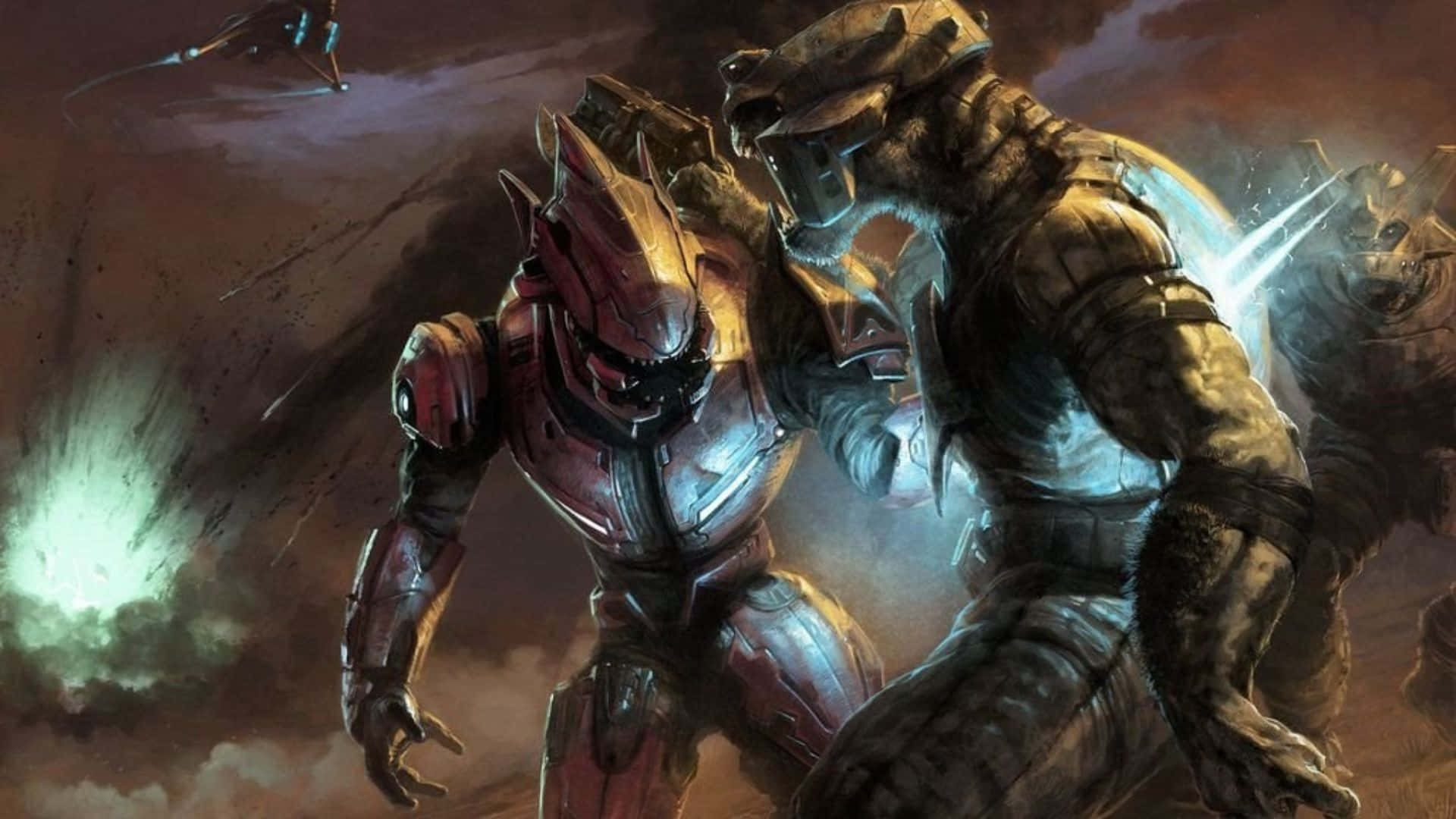 Sangheili 桌布 壁紙 — 兩名裝甲戰士在煙霧瀰漫的戰場上激烈交鋒，背景有爆炸和飛行的車輛。