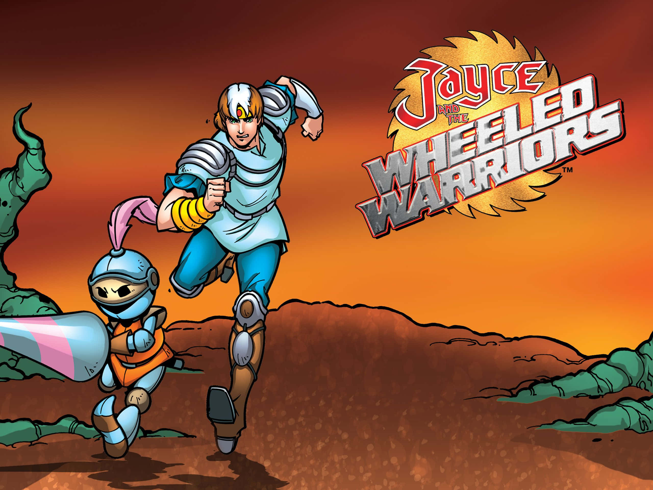 Jayce And The Wheeled Warriors 桌布 壁紙 — 兩名裝甲戰士在熾熱橙色夕陽下的沙漠景觀中奔跑，上方閃耀著「Jayce and the Wheeled Warriors」標誌。