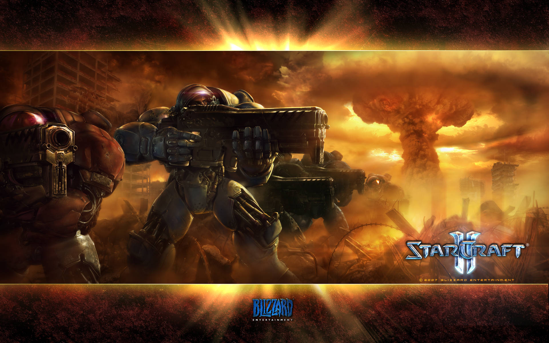 Starcraft 2 桌布 壁紙 — 兩名裝甲戰士在熾熱的戰場上準備就緒，背後核爆肆虐，天空泛著橙色光芒。