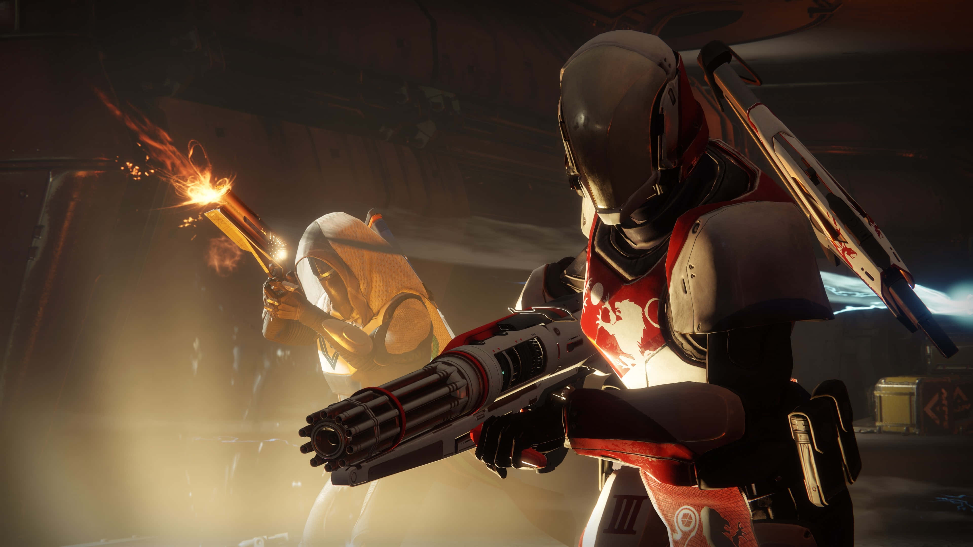 Titan Destiny 2 4K 桌布 壁紙 — 兩名裝甲戰士在燈光昏暗的科幻走廊中交鋒，武器放電濺出火花。