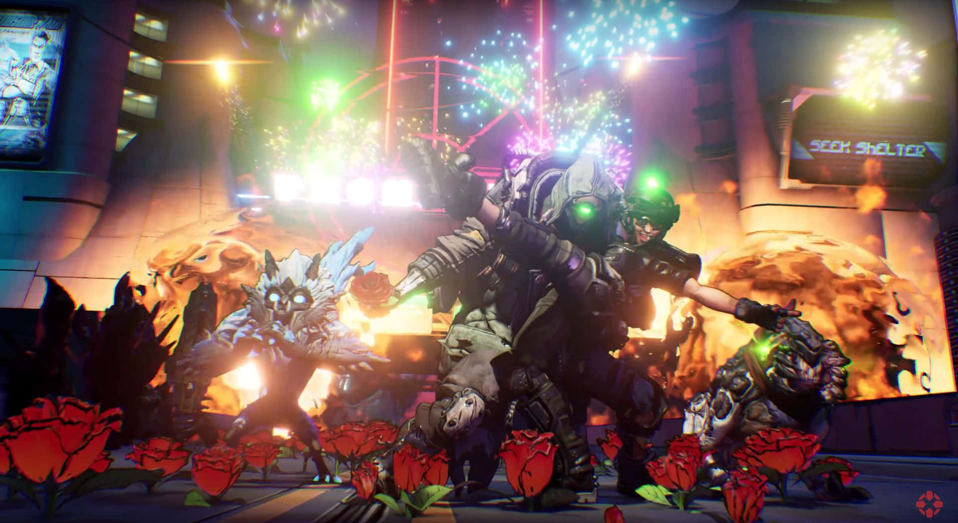 Borderlands 3 桌布 壁紙 — 兩名裝甲戰士在爆炸的煙火和發光的霓虹燈牌中與怪獸戰鬥，場景是混亂的城市夜晚。