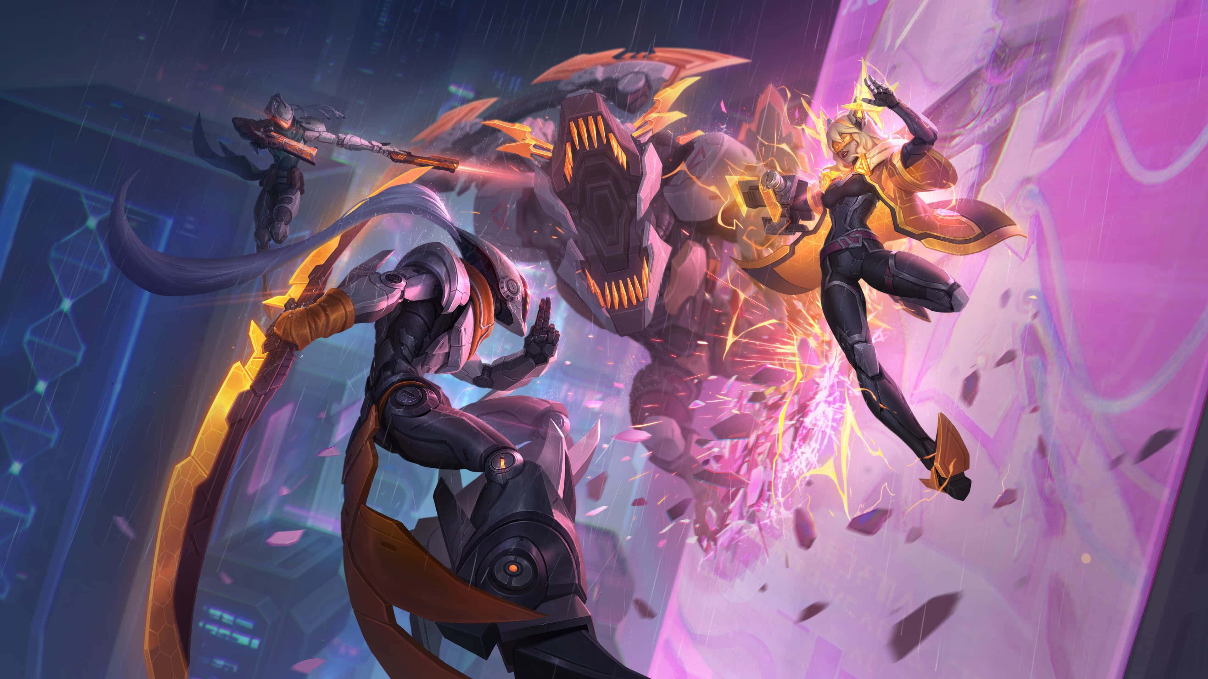 League Of Legends Champions 桌布 壁紙 — 兩名裝甲戰士在發光的紫色天空下，在充滿霓虹的數位戰場上與一頭怪獸激烈交鋒。