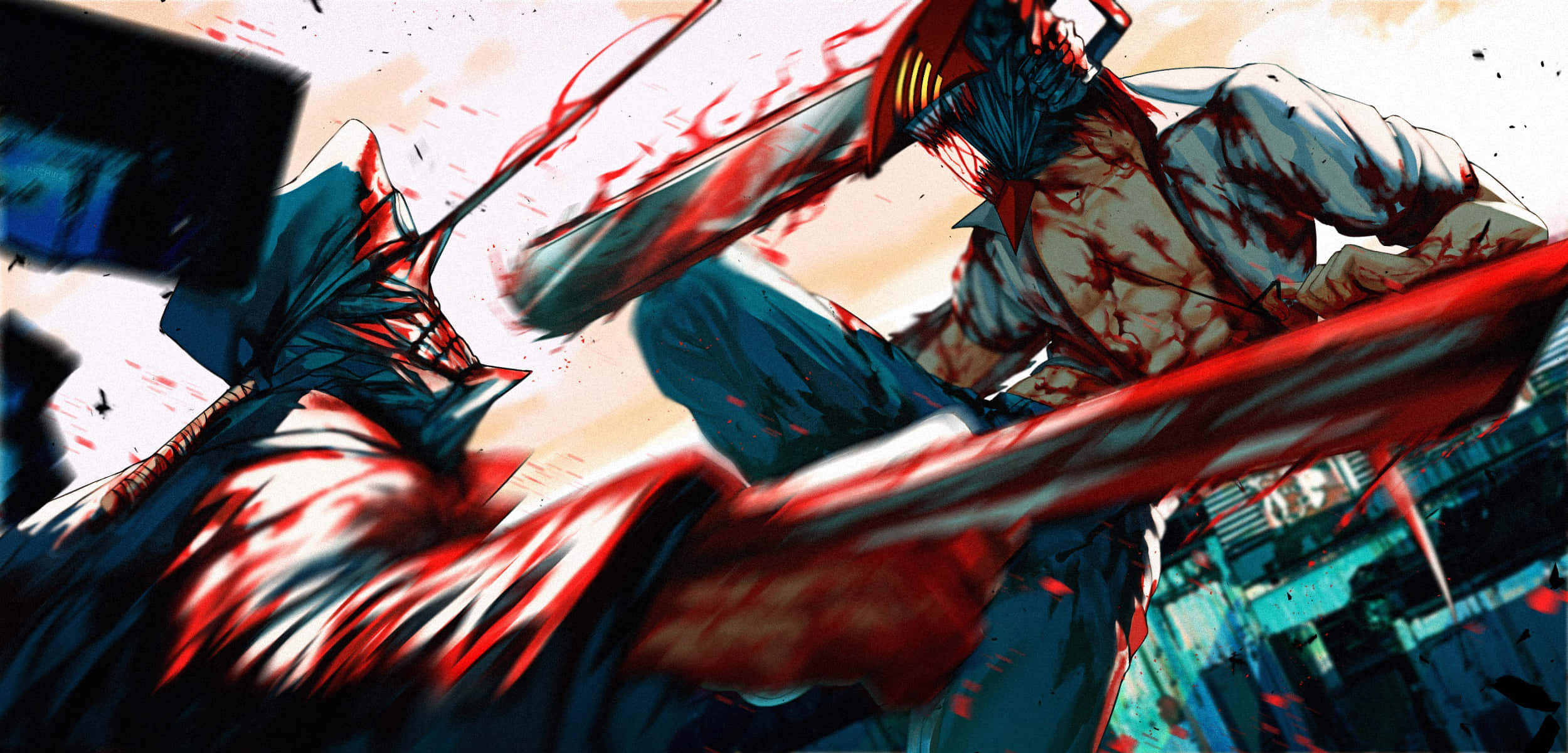 Blood Aesthetic 桌布 壁紙 — 兩名裝甲戰士在破碎的城市背景下進行殘酷的劍鬥，鮮血四濺。