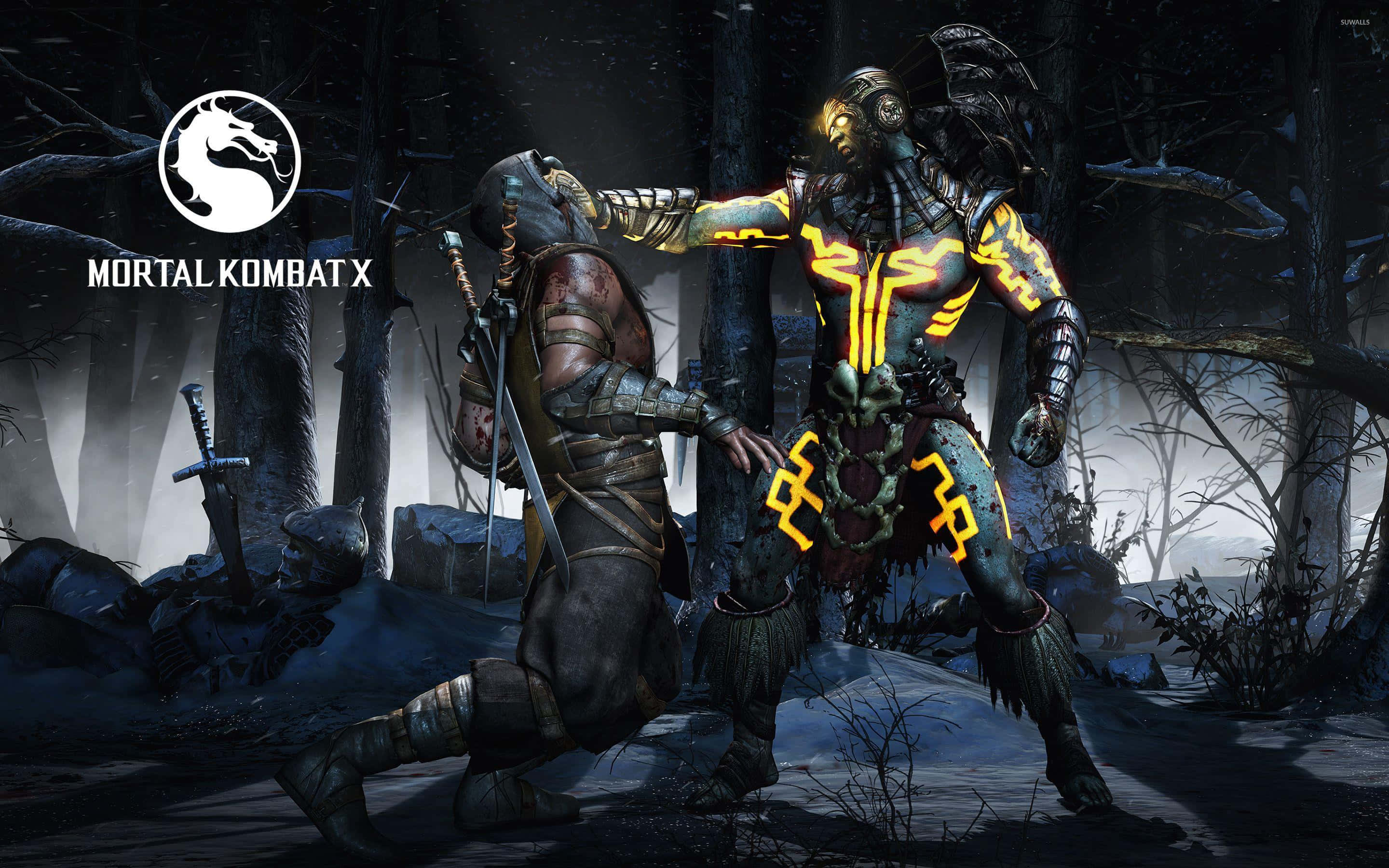 Mortal Kombat X 桌布 壁紙 — 兩名裝甲戰士在陰森發光的燈光下，於黑暗的雪林中交鋒。