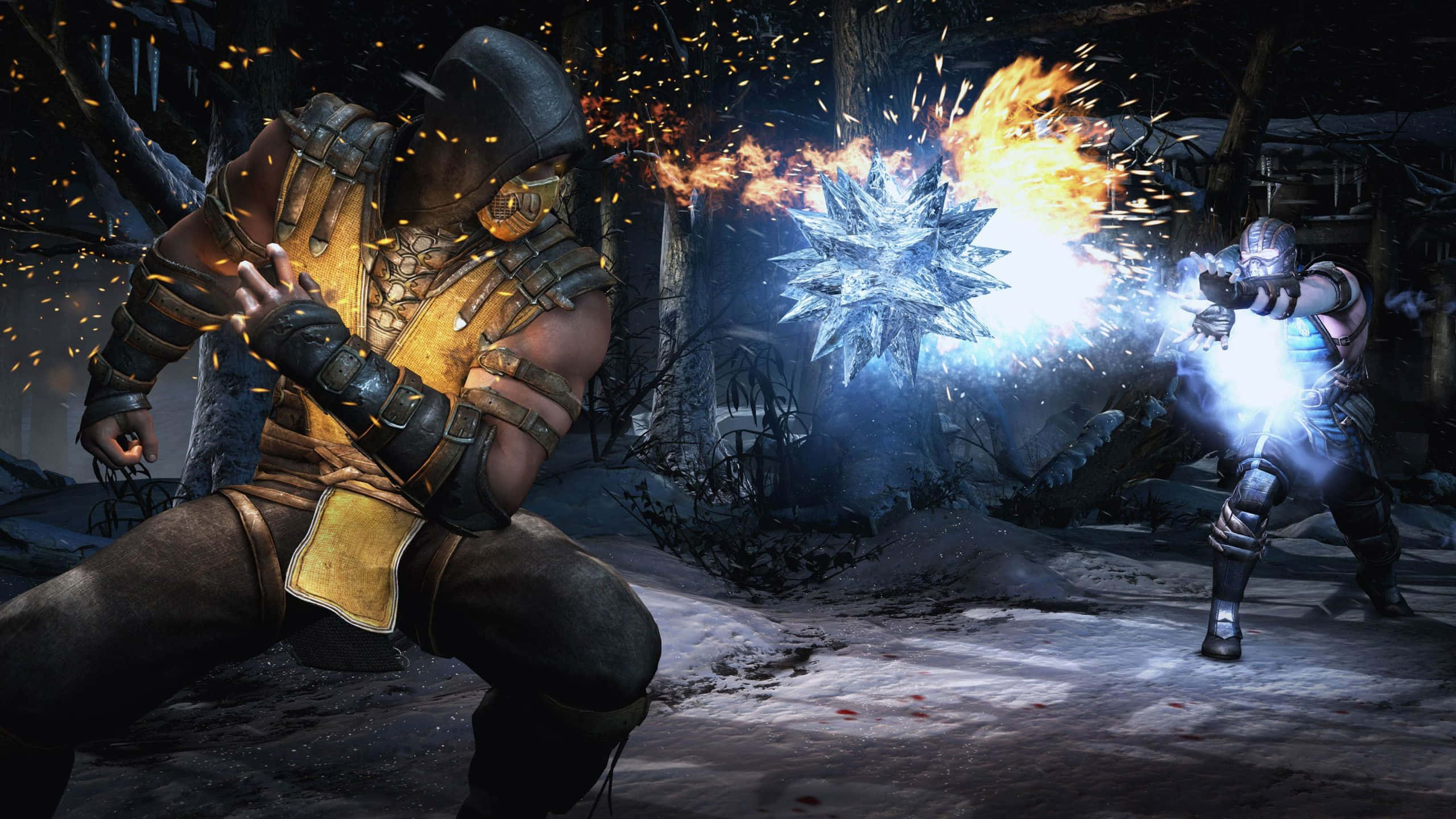 Mortal Kombat Legacy 桌布 壁紙 — 兩名裝甲戰士在雪地森林中交鋒，火焰與冰霜能量在他們之間爆炸。
