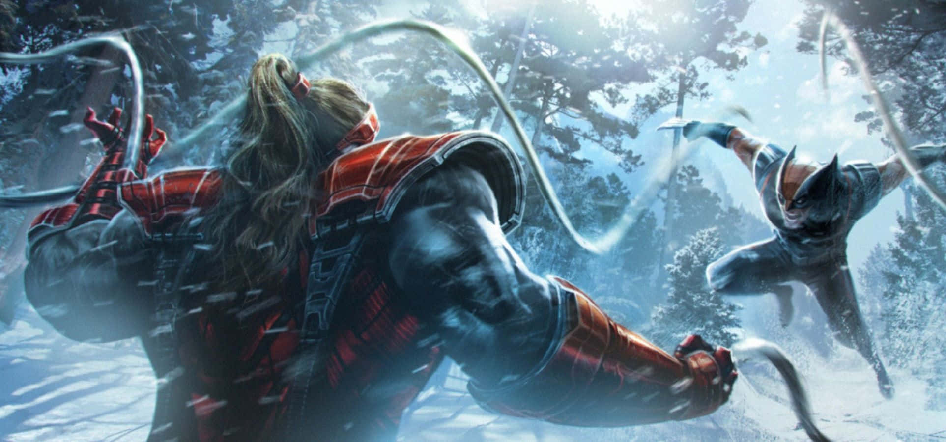 Omega Red 桌布 壁紙 — 兩名裝甲戰士在雪地森林中交鋒，能量鞭在明亮的陽光下在他們之間飛舞。