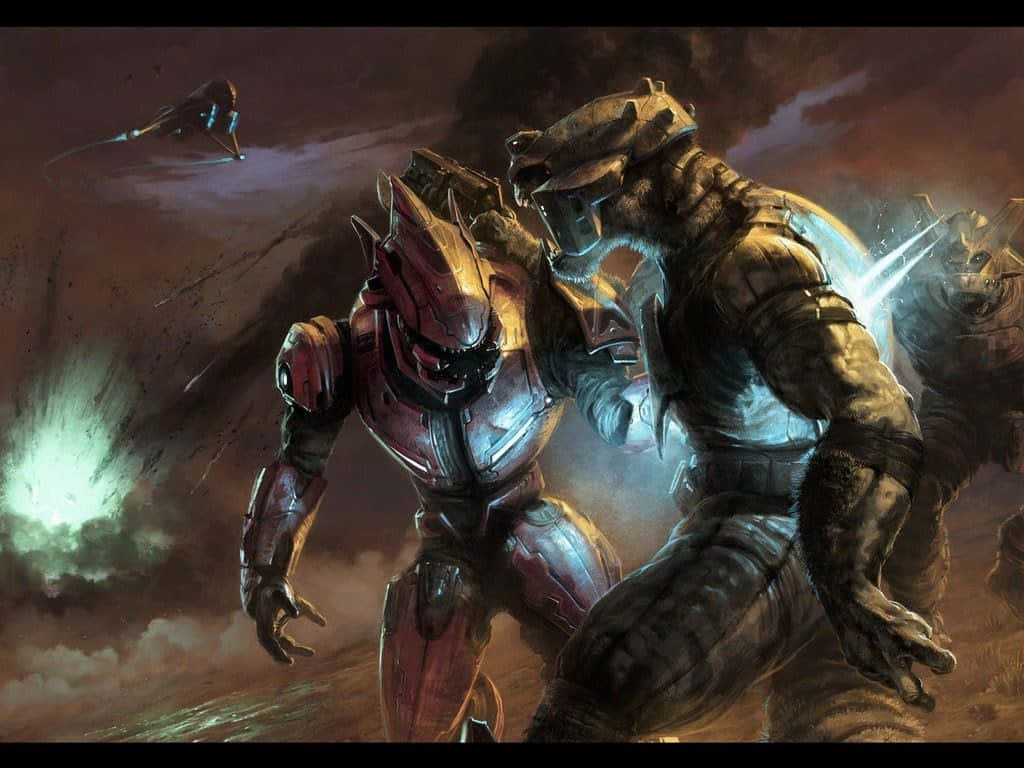 Halo Covenant 桌布 壁紙 — 兩名裝甲戰士在風暴天空下、爆炸與飛行車輛交織的火焰戰場中激烈交鋒。