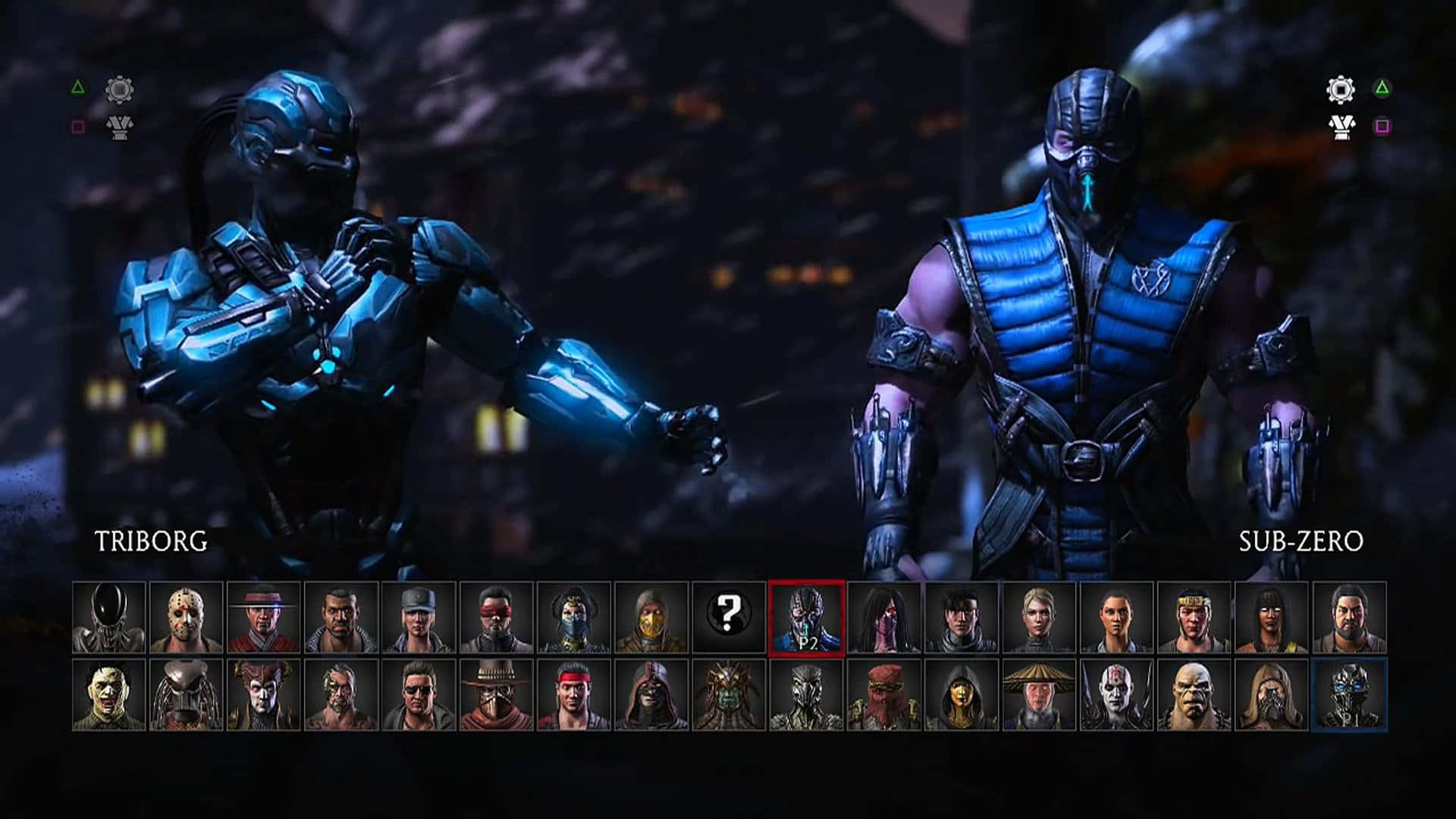 Mortal Kombat Triborg 桌布 壁紙 — 兩名裝甲戰士在黑暗的城市景觀中對峙，帶有發光的藍色點綴和下方的角色選擇選單。