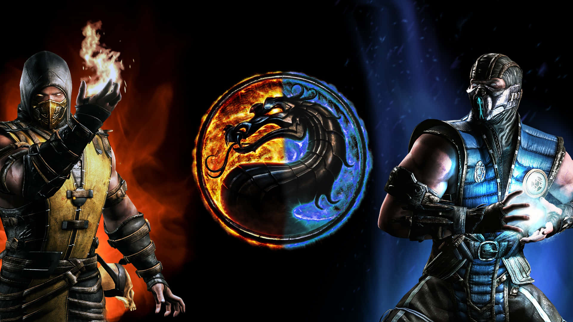 Mortal Kombat Scorpion 桌布 壁紙 — 兩名裝甲戰士在黑暗競技場中面對一個熾熱與冰霜的龍徽章。