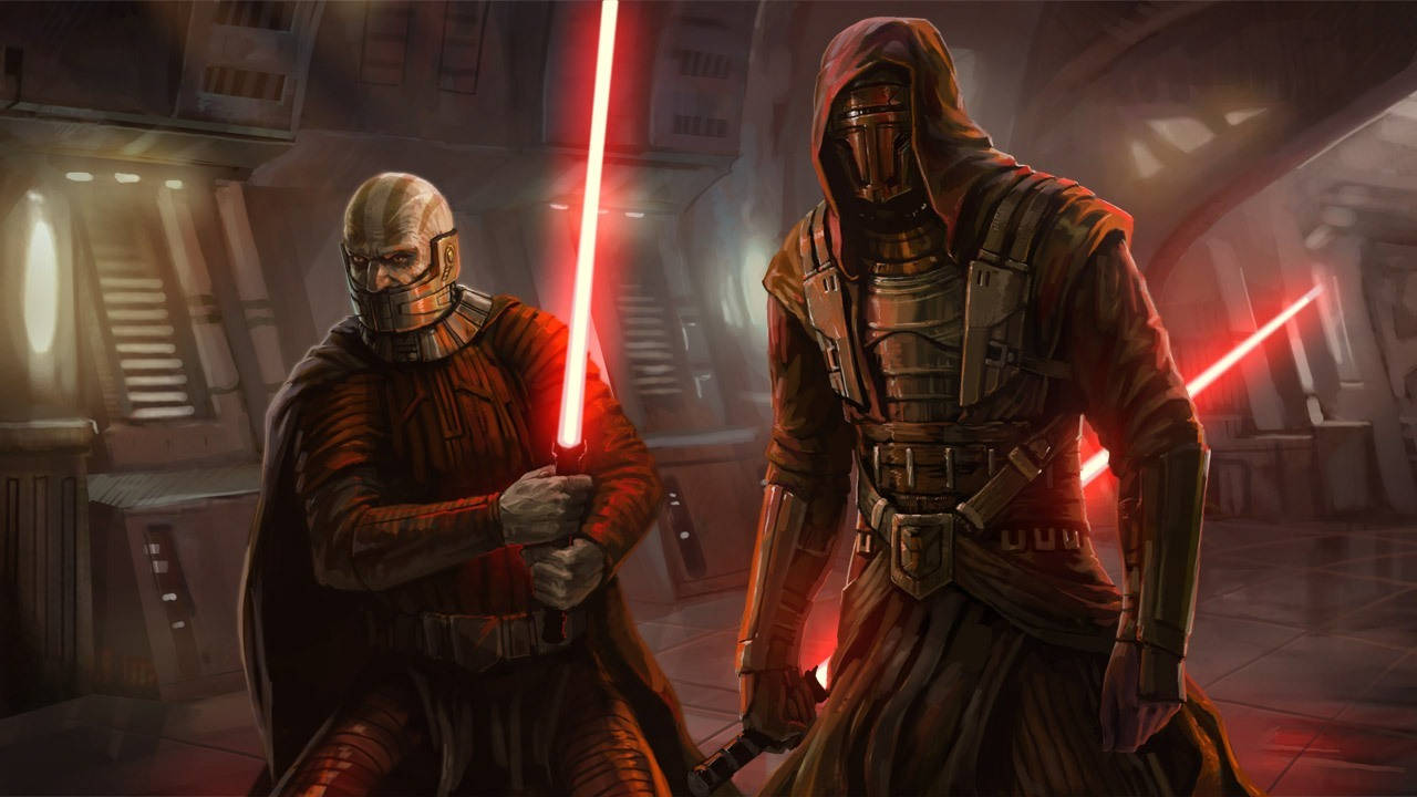 Lightsaber 桌布 壁紙 — 兩名裝甲戰士手持紅色光劍，站在昏暗的未來走廊中，投射出戲劇性的陰影。