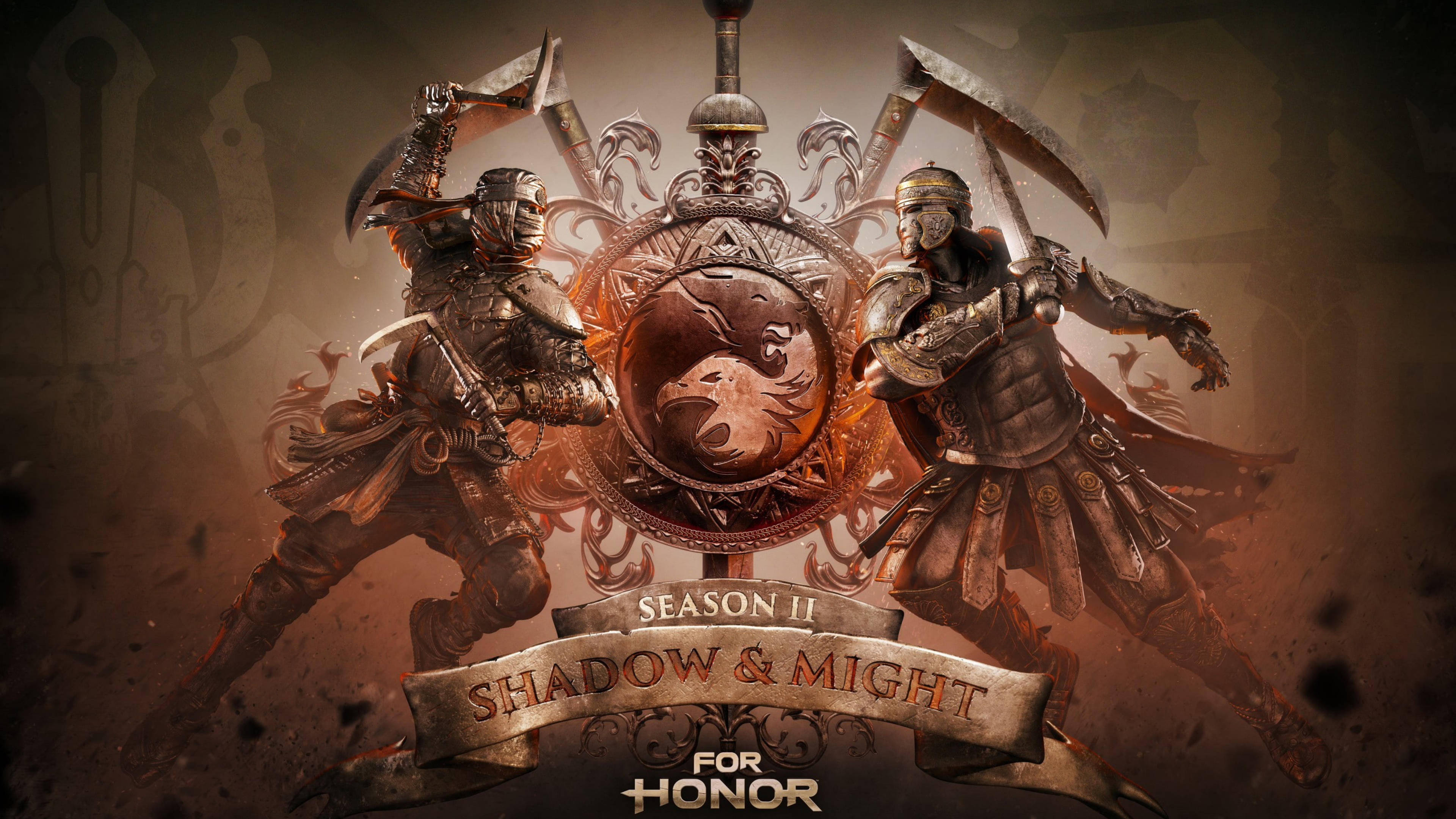 Honor 桌布 壁紙 — 兩名裝甲戰士揮舞戰斧，圍繞著一個中央帶有狼徽的盾牌激烈交鋒，呈現出 gritty 奇幻戰鬥場景。