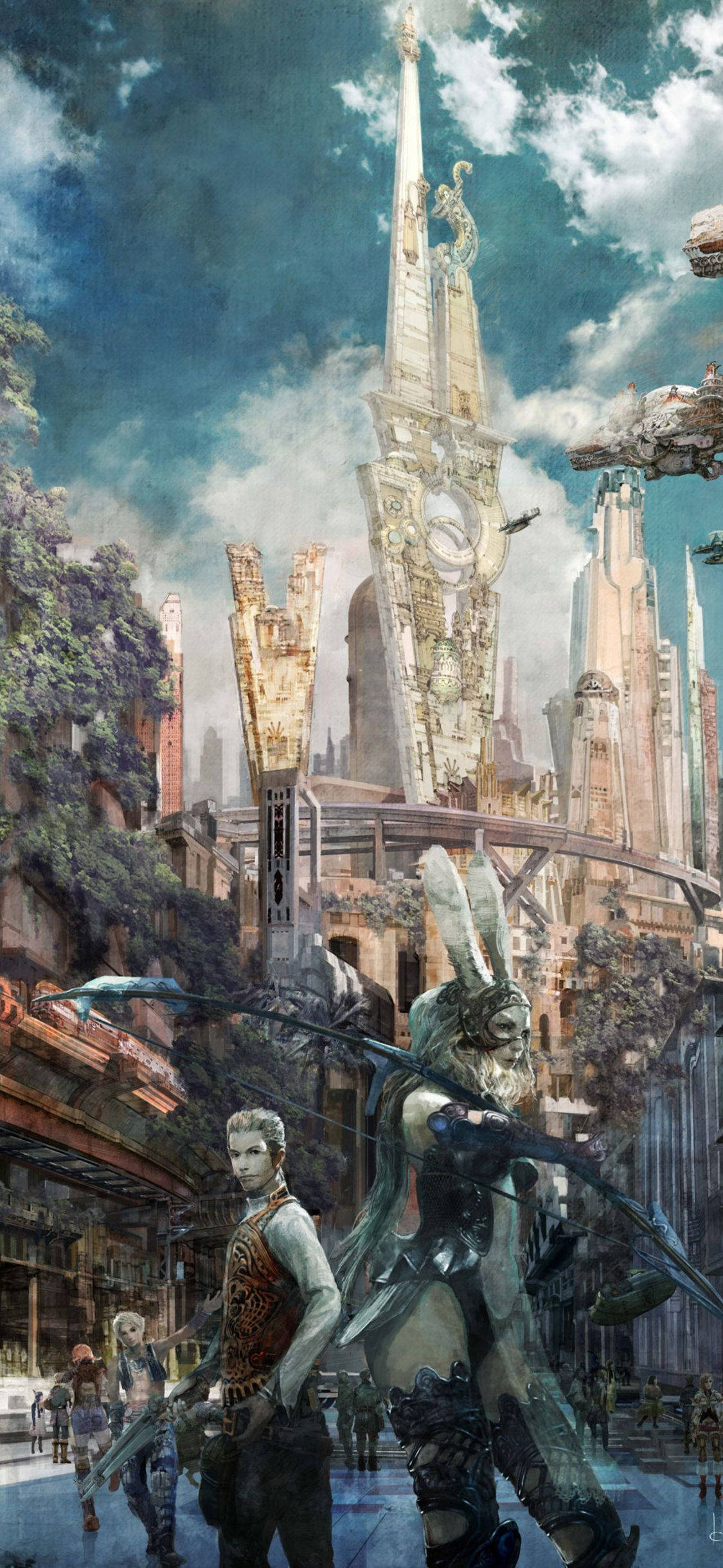 桌布 壁紙 — 兩名裝甲戰士站在一個廢墟般的未來城市景觀中，周圍有茂密的植被和漂浮的碎片，天空多雲。