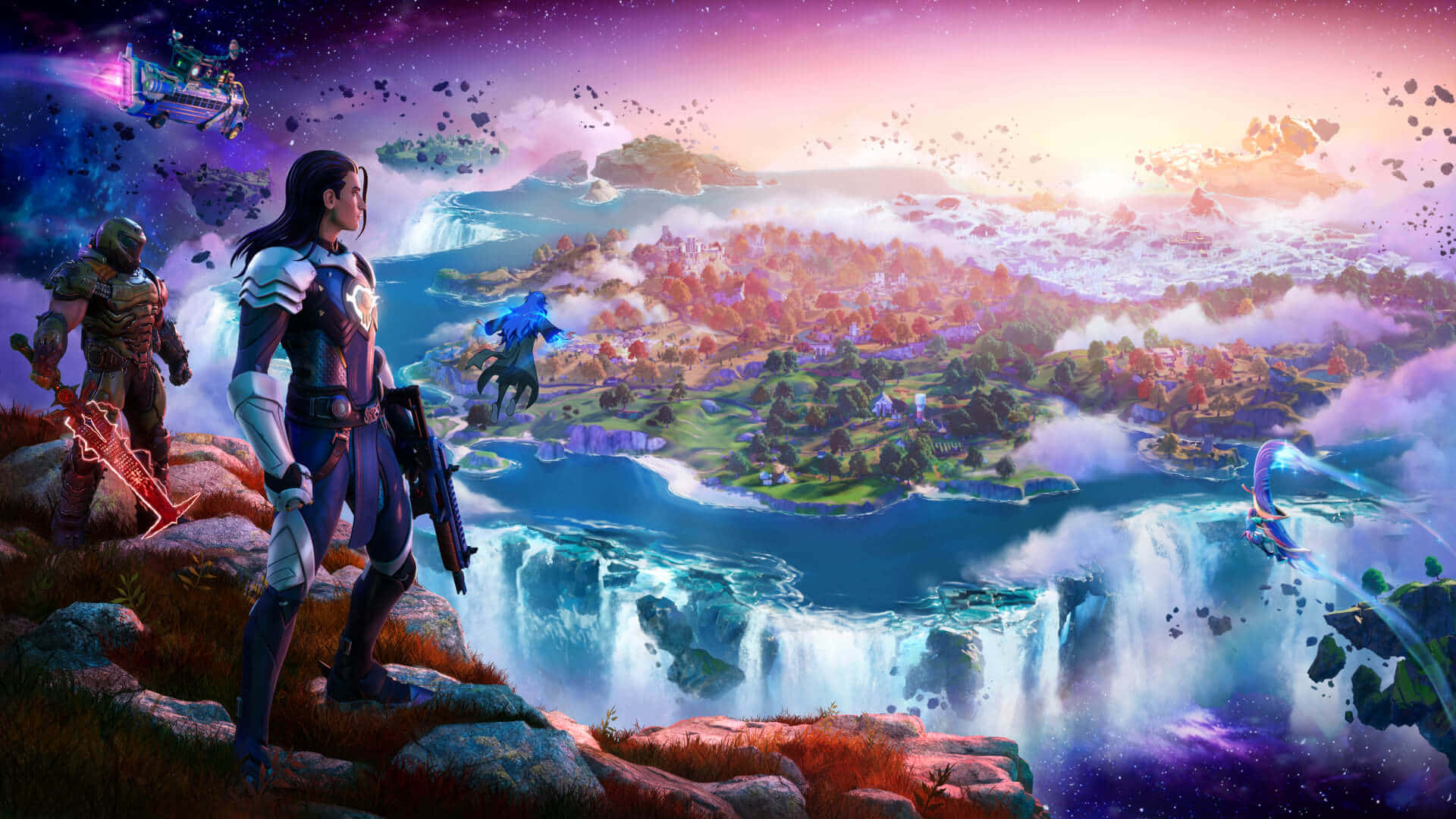 Fortnite Galaxy 桌布 壁紙 — 兩名裝甲戰士站在懸崖上，俯瞰著一個帶有瀑布和發光城市的浮島，在充滿活力的紫色日落天空下。