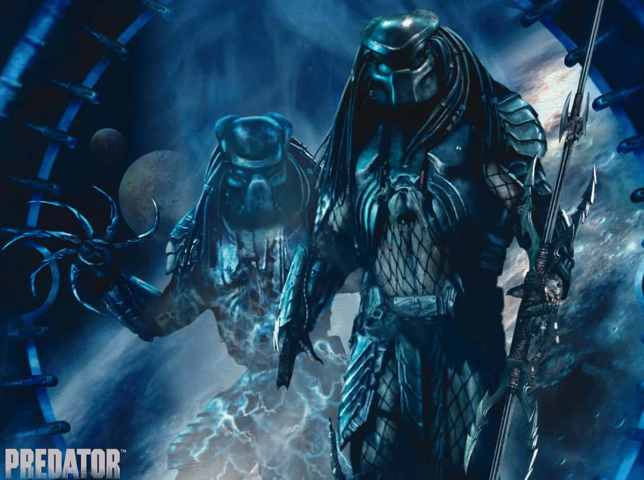 Wolf Predator 桌布 壁紙 — 兩名裝甲鐵血戰士站在一個宇宙場景中，行星和能量效果在深藍色調中發光。