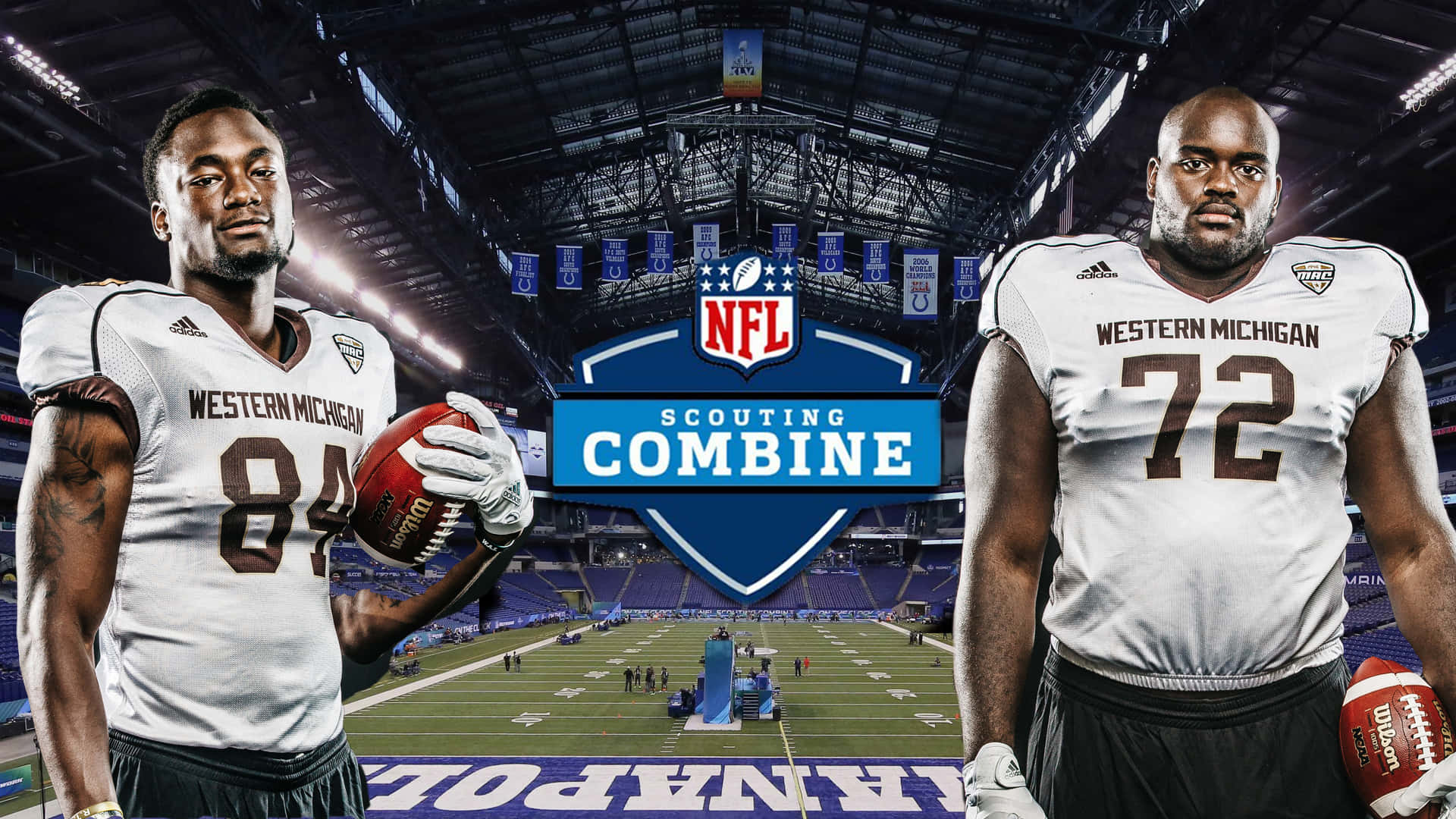 NFL 桌布 壁紙 — 兩名西密西根大學足球員在球場上與NFL Scouting Combine標誌合影。
