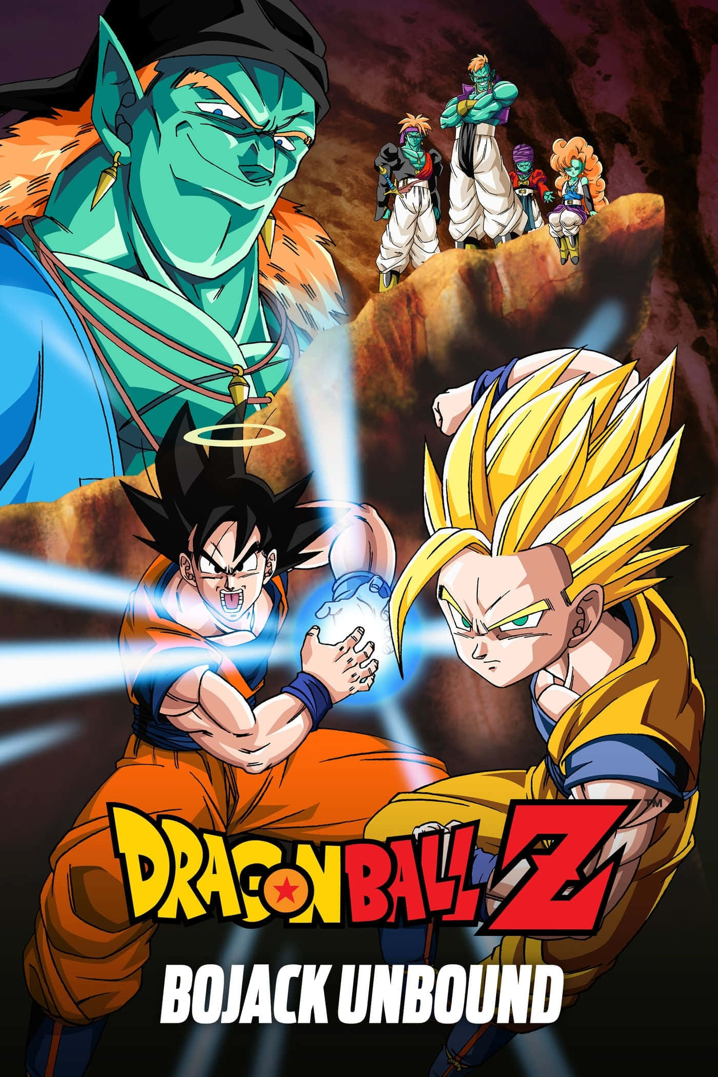 Dbz Movies 桌布 壁紙 — 兩名賽亞人戰士在一場發光的能量戰鬥中碰撞，一個綠色皮膚的神明在他們上方若隱若現。