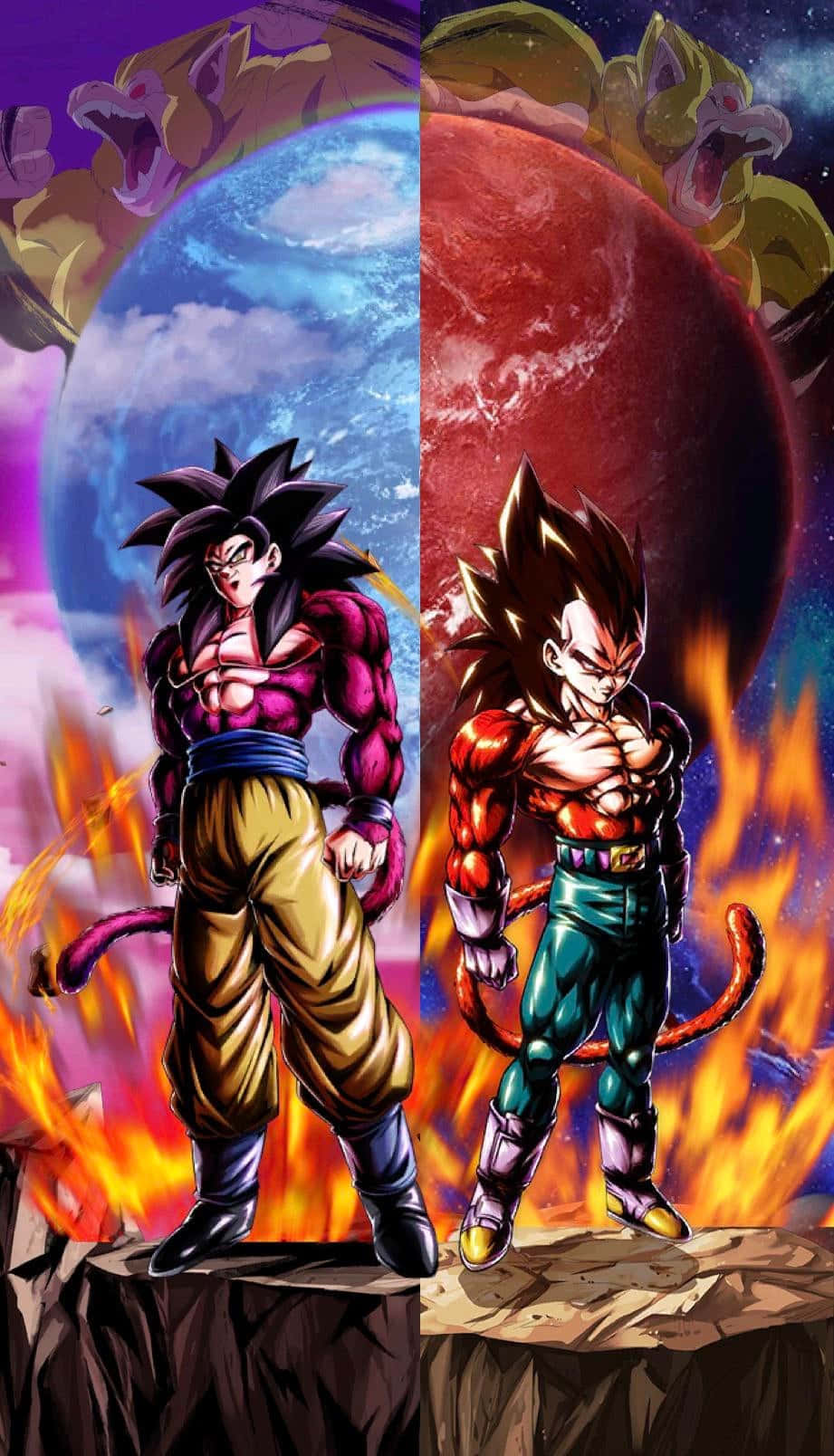 Super Saiyan 4 桌布 壁紙 — 兩名賽亞人戰士站在岩石露頭上，在藍色和紅色行星的宇宙背景下，熾熱的能量在他們周圍旋轉，彼此對峙。