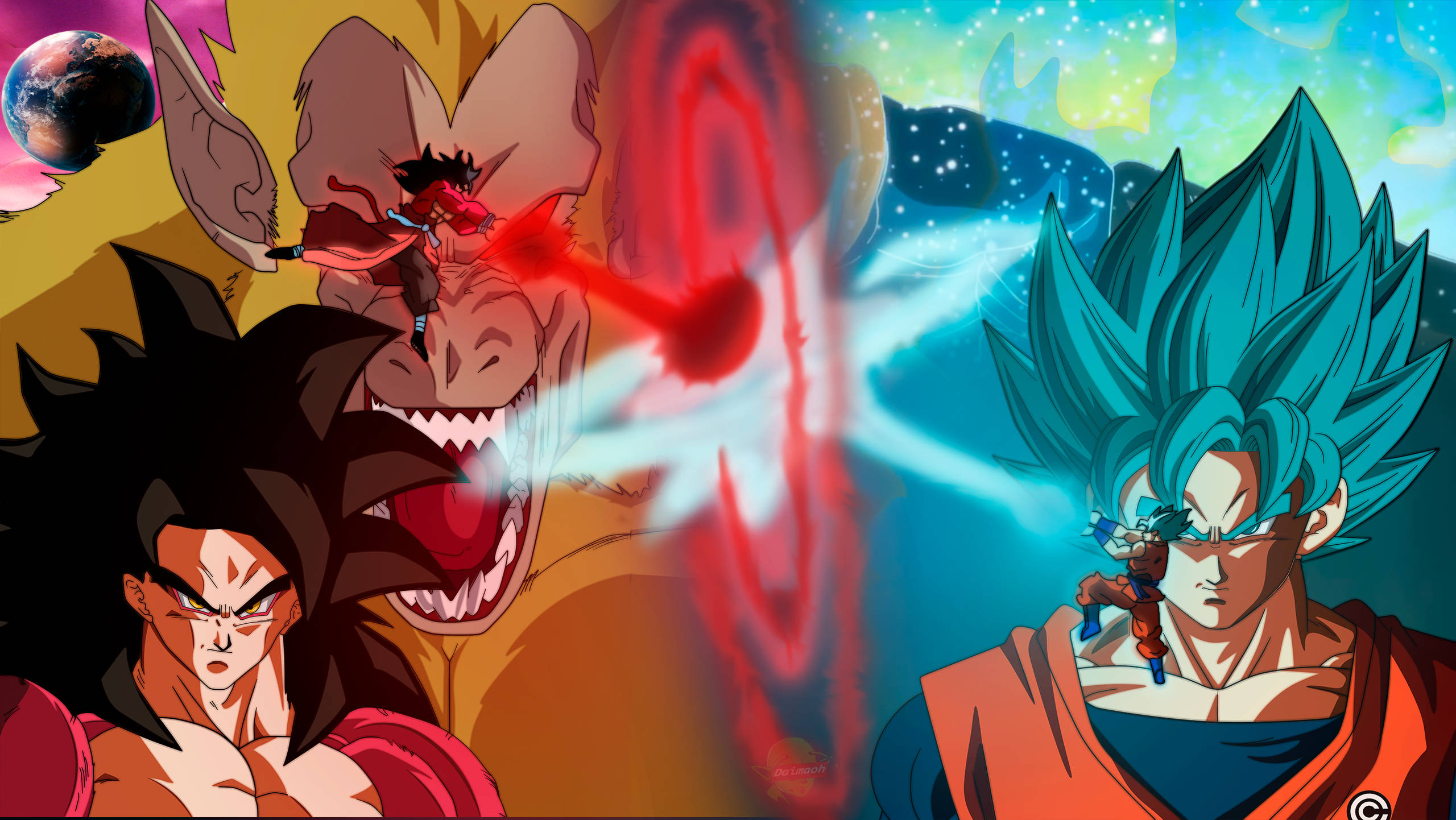Ssj4 Goku 桌布 壁紙 — 兩名賽亞戰士在宇宙戰鬥中碰撞，伴隨著能量爆炸和一隻巨大的猿類怪物在他們身後若隱若現。