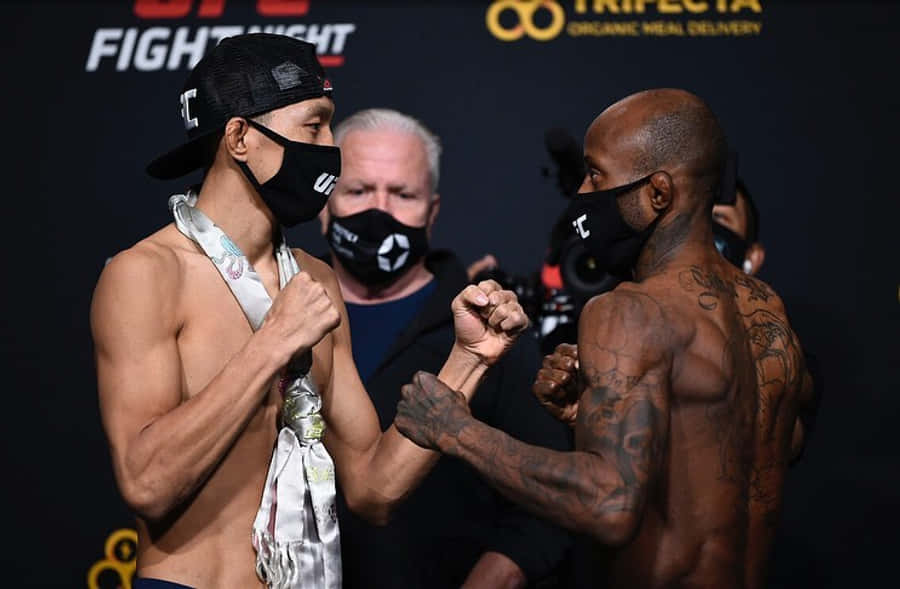 MMA 桌布 壁紙 — 兩名赤裸上身、戴黑色口罩的UFC拳手在明亮的場館燈光下，於緊張的賽前對峙中鎖拳。
