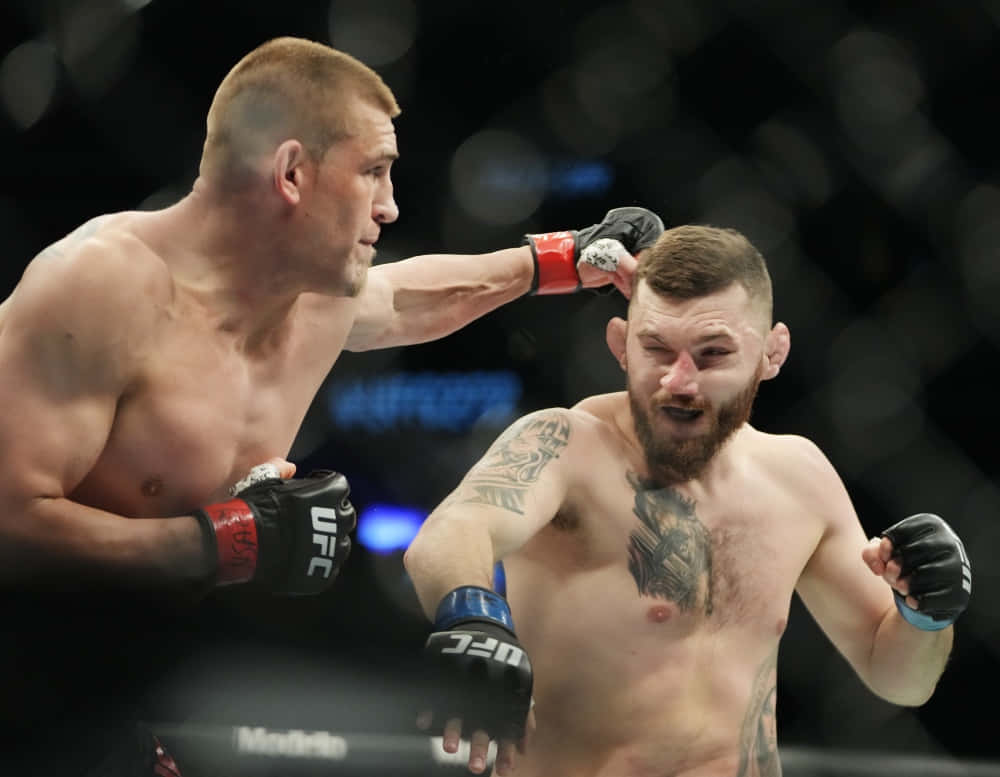 MMA 桌布 壁紙 — 兩名赤裸上身的MMA拳手在激烈的鐵籠賽中交鋒，其中一人向對方臉部重擊一拳。