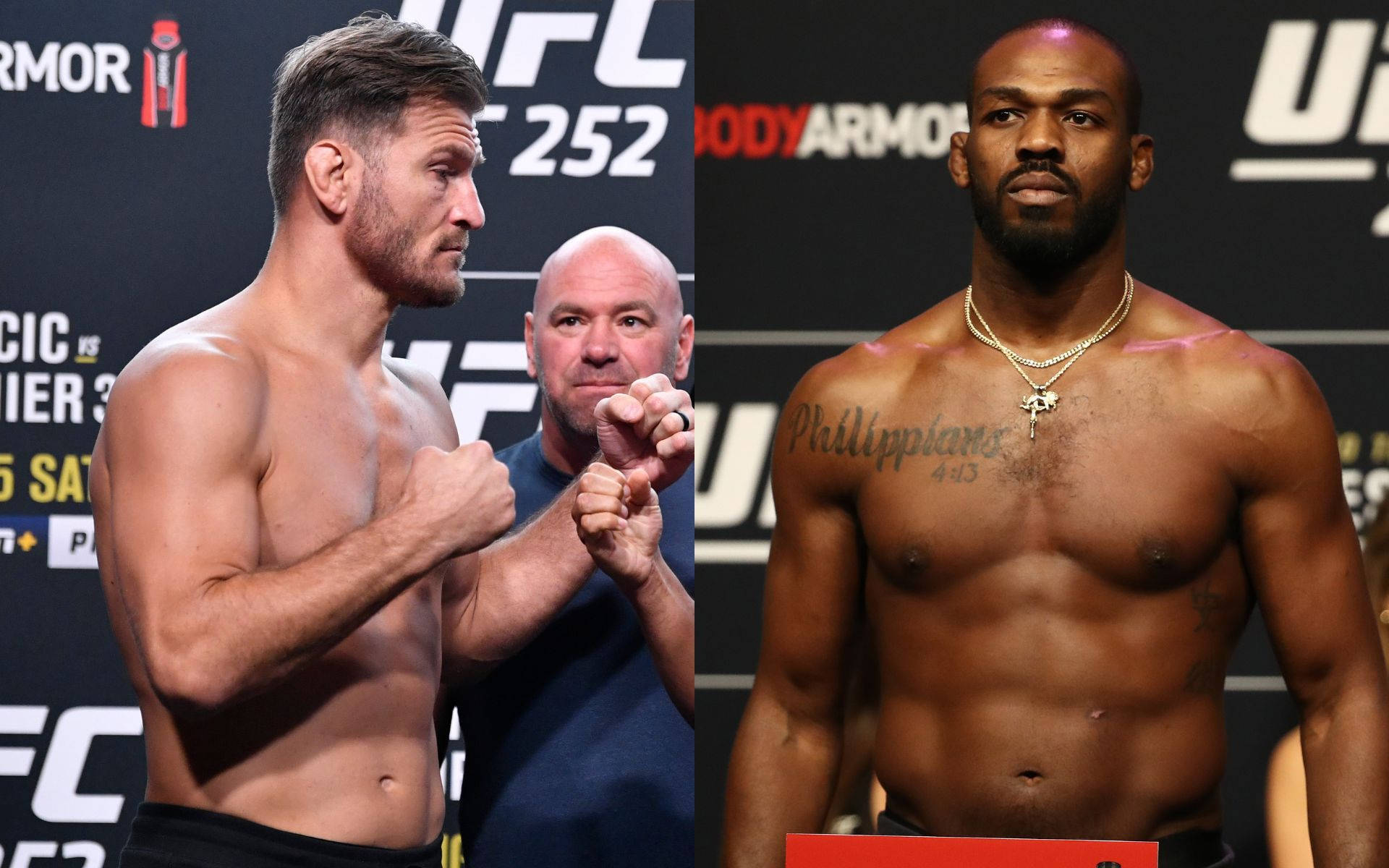 UFC 桌布 壁紙 — 兩名赤裸上身的UFC拳手在稱重時對峙，表情激烈，背景帶有品牌標誌。
