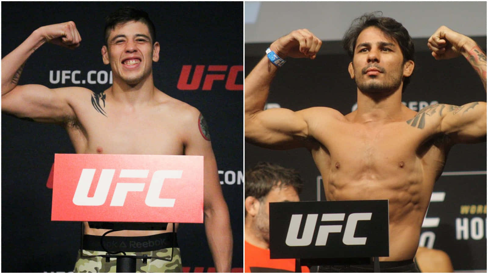 MMA 桌布 壁紙 — 兩名赤裸上身的UFC拳手在過磅時展示肌肉，身後有品牌標誌。