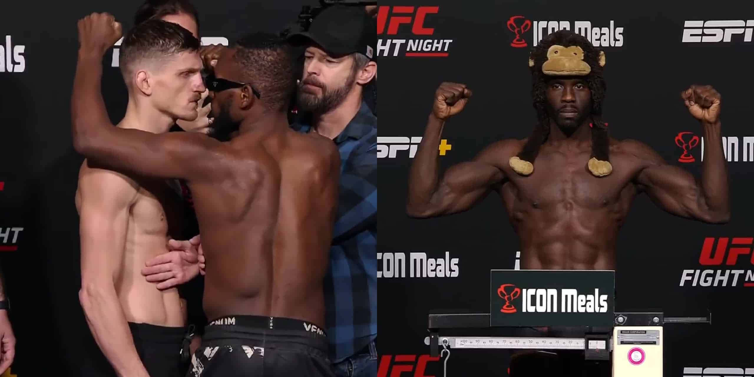 MMA 桌布 壁紙 — 兩名赤裸上身的拳手在UFC稱重中對峙，而第三名拳手則戴著猴子主題帽子自豪地展示肌肉。