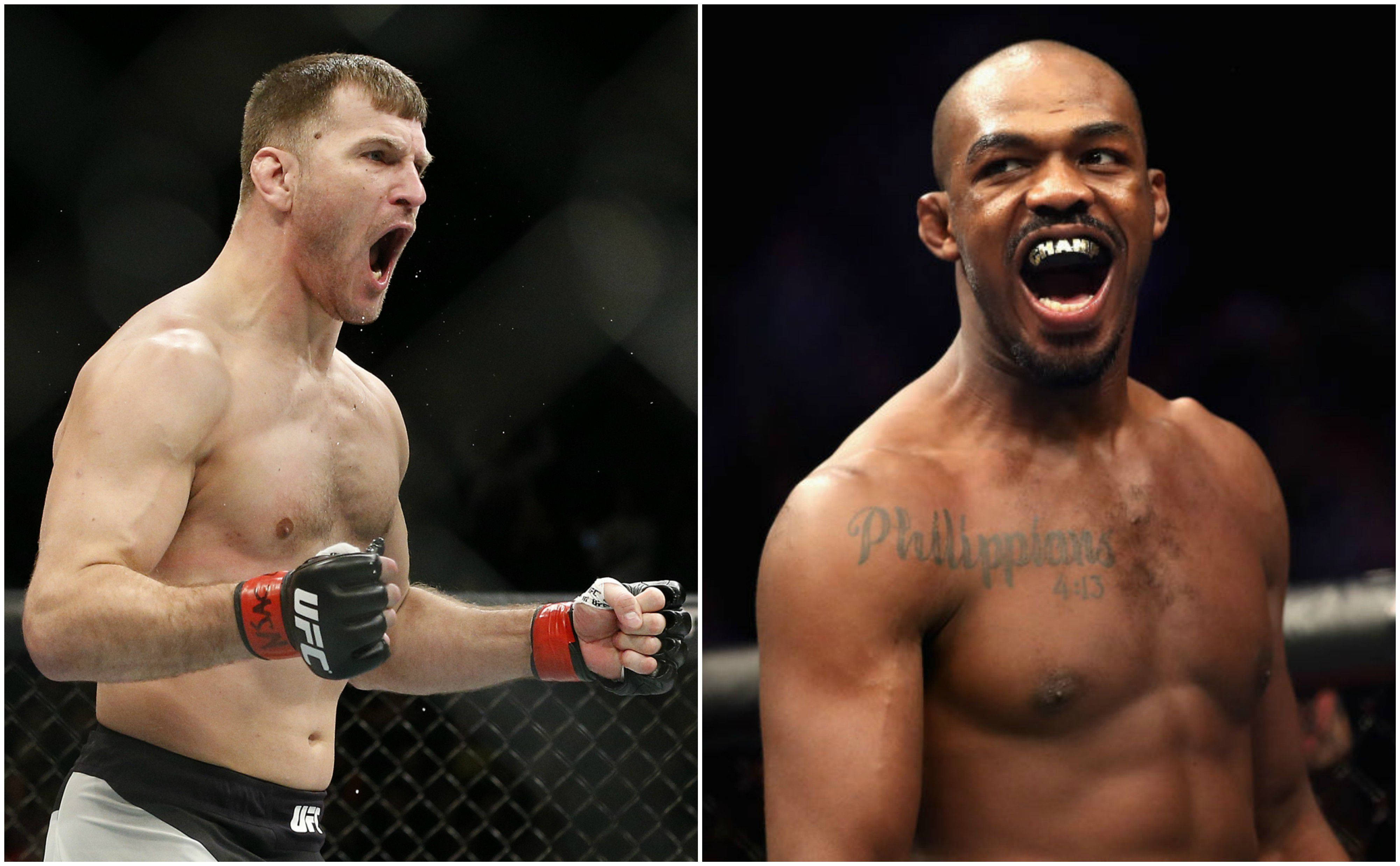 UFC 桌布 壁紙 — 兩名赤裸上身的男性MMA拳手在八角籠內，背後有黑色鐵籠圍欄，勝利咆哮。