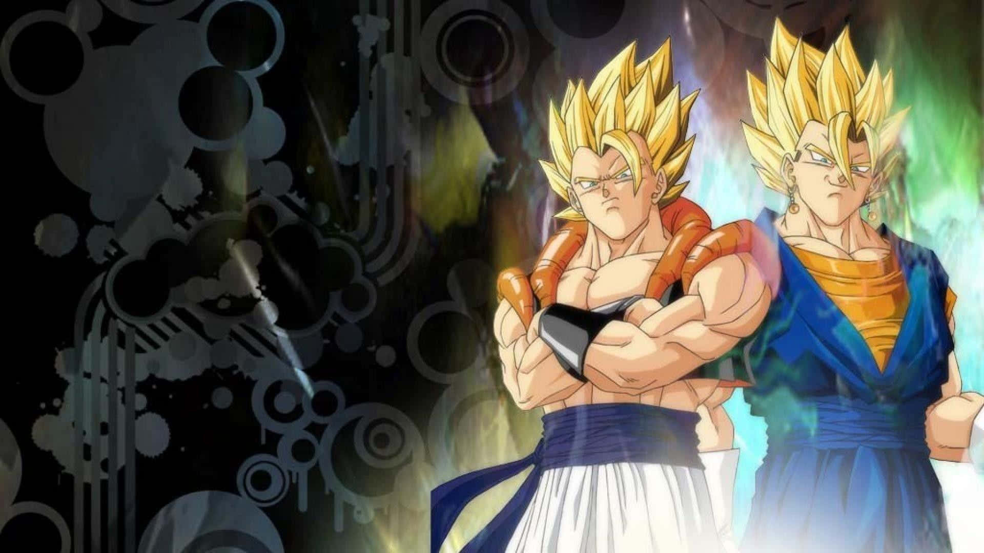 Gogeta And Vegito 桌布 壁紙 — 兩名超級賽亞人動畫戰士自信地站在帶有發光能量效果的黑暗抽象背景前。
