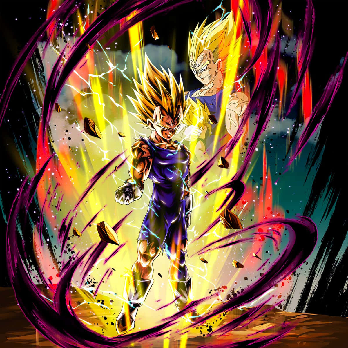 Cool Vegeta 桌布 壁紙 — 兩名超級賽亞人形態的賽亞人戰士在動態動畫戰鬥場景中釋放爆炸性能量。