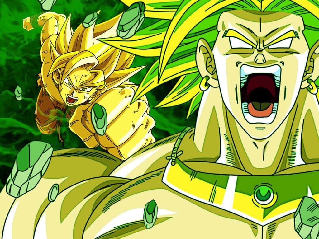 Dragon Ball Z Broly 桌布 壁紙 — 兩名超級賽亞人形態的賽亞戰士在綠色背景前以強烈能量咆哮。