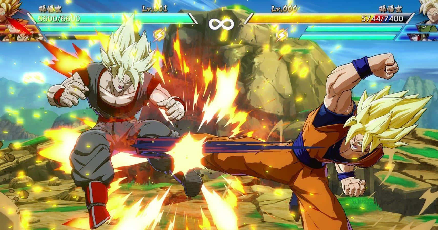 Dragon Ball Z Games 桌布 壁紙 — 兩名超級賽亞人戰士在岩石戰場上，伴隨著發光的能量效果，展開一場激烈的戰鬥。