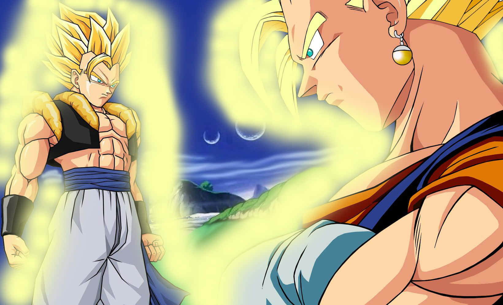 Gogeta And Vegito 桌布 壁紙 — 兩名超級賽亞人戰士在帶有新月的暮色天空下，以發光的戰鬥姿態對峙。
