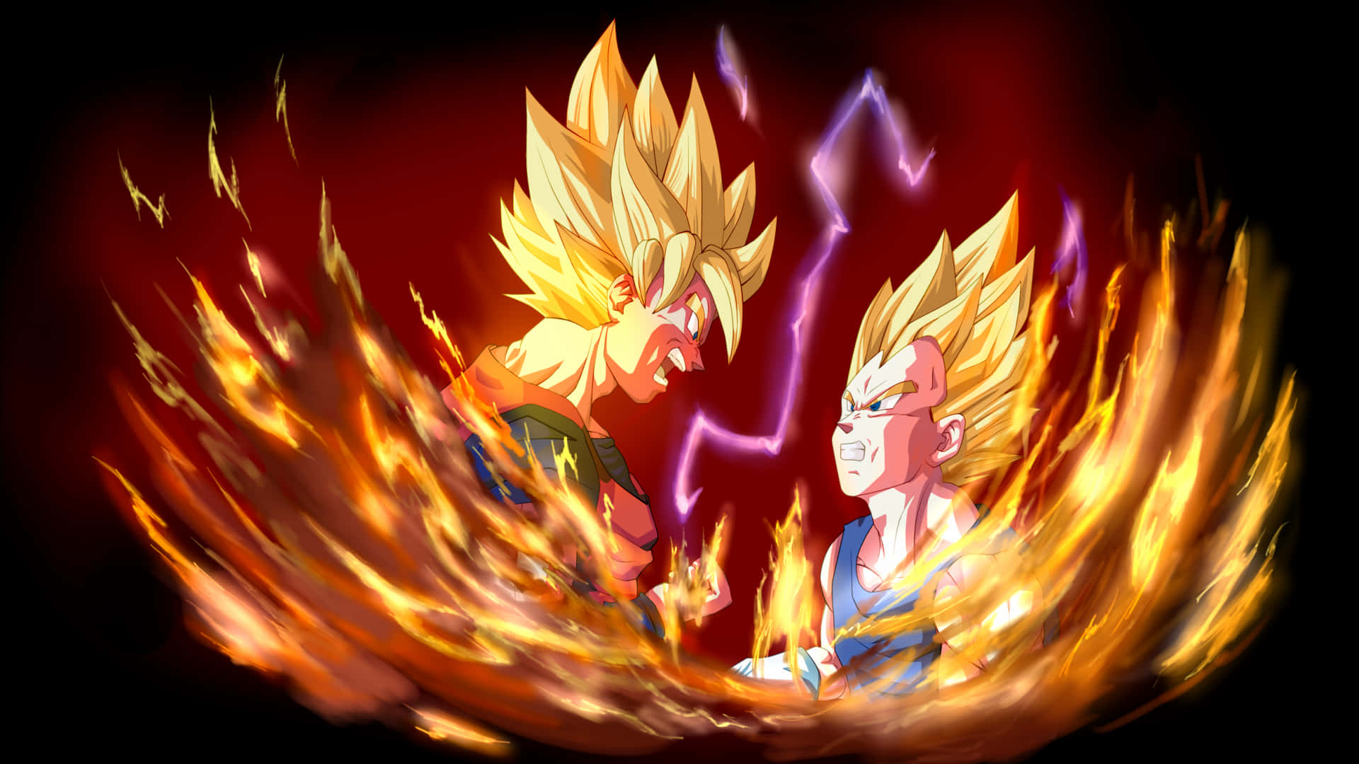 Dbz 桌布 壁紙 — 兩名超級賽亞人戰士在深紅色背景下，以噼啪作響的紫色能量在他們之間展開一場激烈的戰鬥。