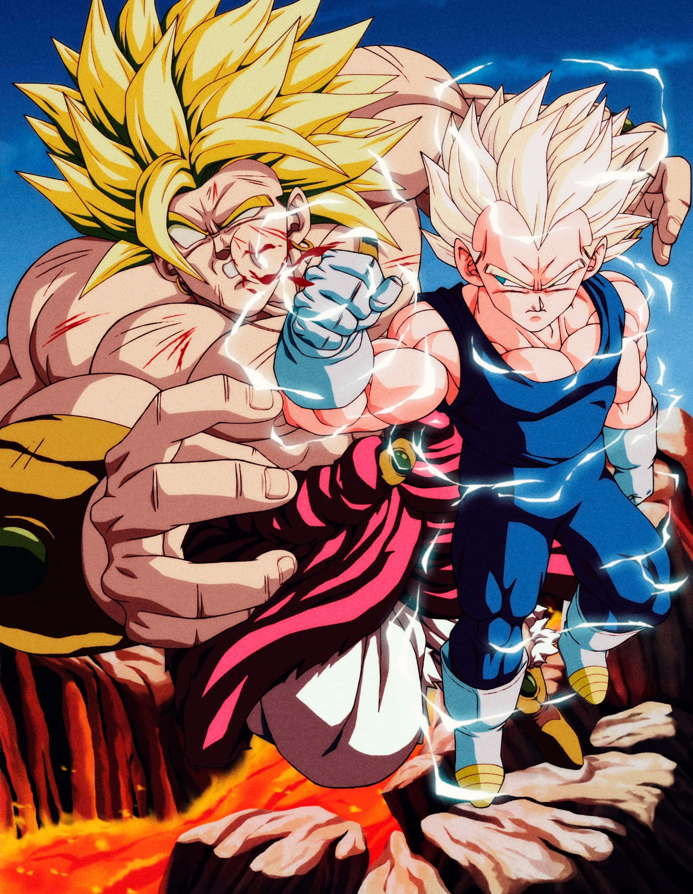 Vegeta And Broly 桌布 壁紙 — 兩名超級賽亞人戰士在熾熱的火山競技場中碰撞，他們之間有劈啪作響的能量。