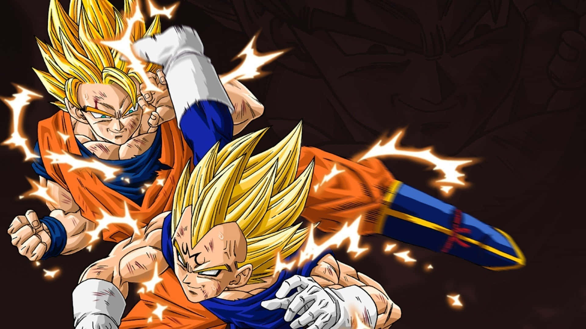 Goku And Vegeta 桌布 壁紙 — 兩名超級賽亞人戰士在黑暗背景下，金色能量劈啪作響，展開一場動態動畫戰鬥。