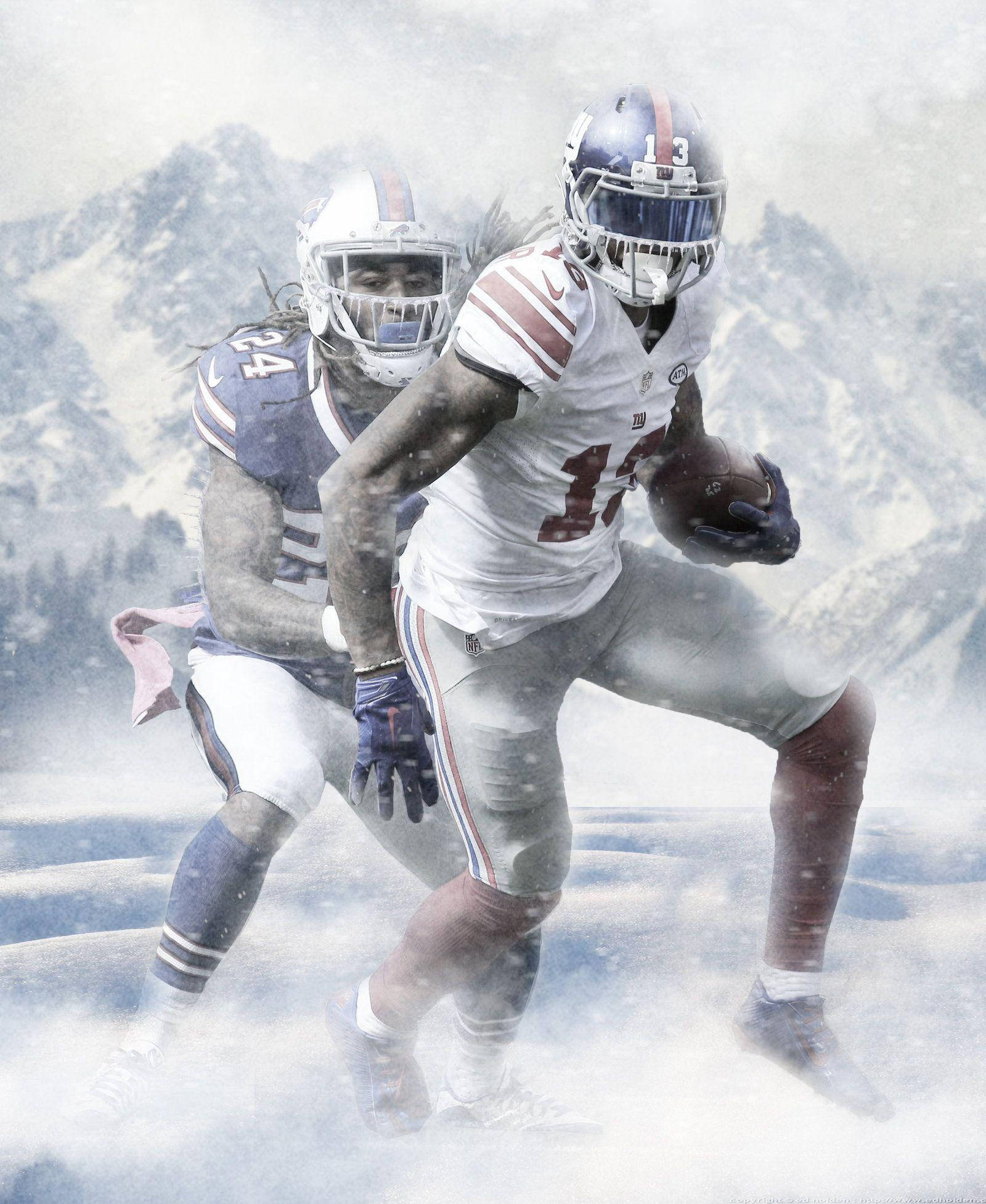 Odell 桌布 壁紙 — 兩名足球運動員在暴風雪中搏鬥，身後是鋸齒狀的山巒。