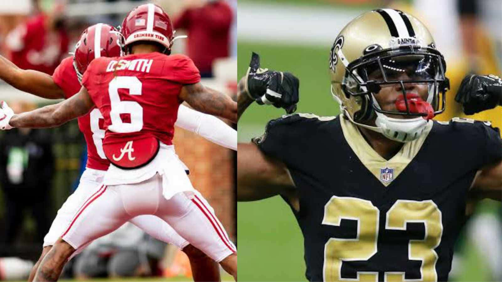 New Orleans Saints 桌布 壁紙 — 兩名足球運動員在比賽中慶祝，一人身穿深紅與白色裝備，另一人身穿黑色與金色裝備，兩人都表現出強烈的情感。