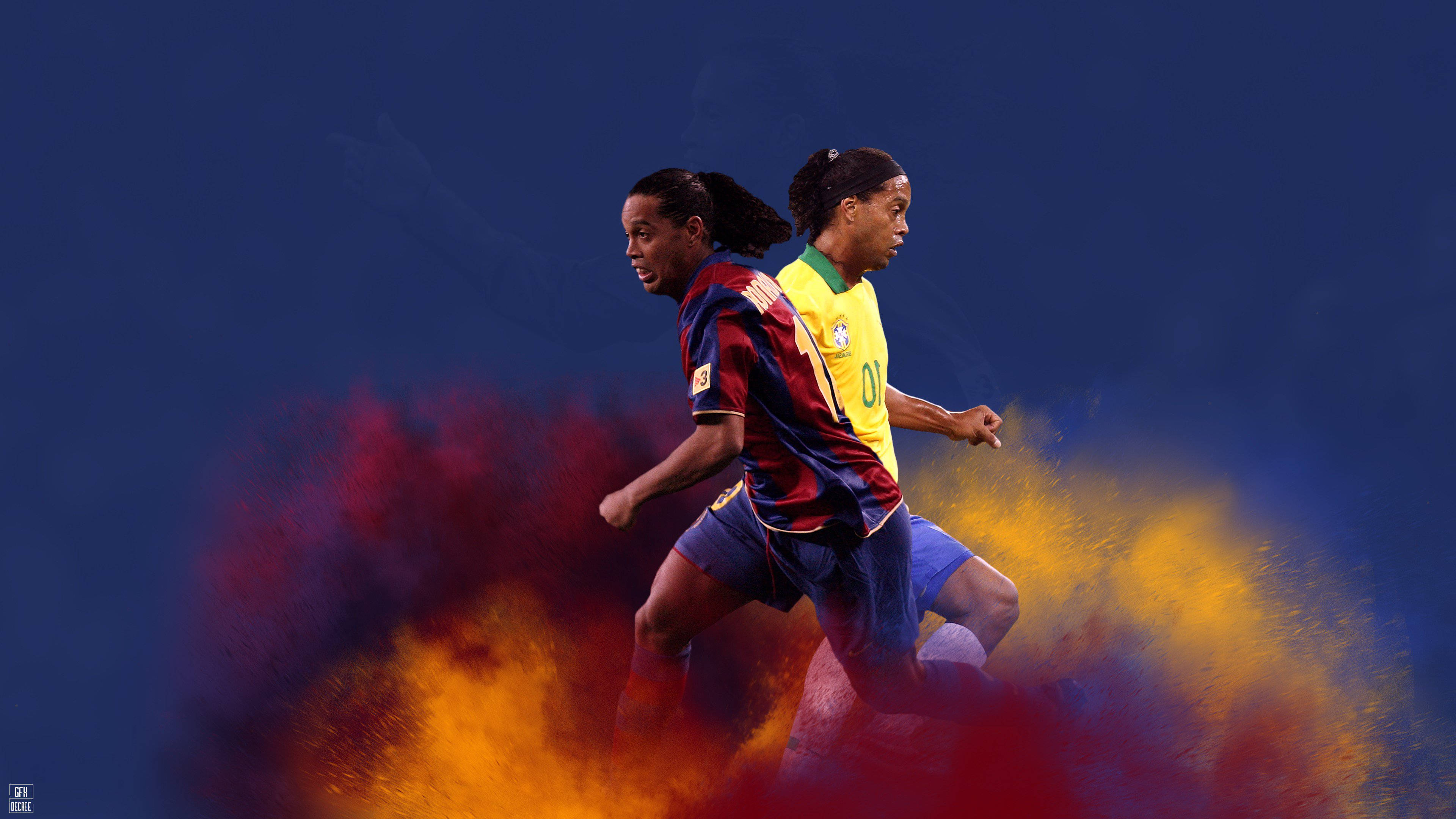 Ronaldinho 桌布 壁紙 — 兩名足球運動員在深藍色背景下，在充滿活力的紅色、黃色和橙色粉末爆炸中移動碰撞。