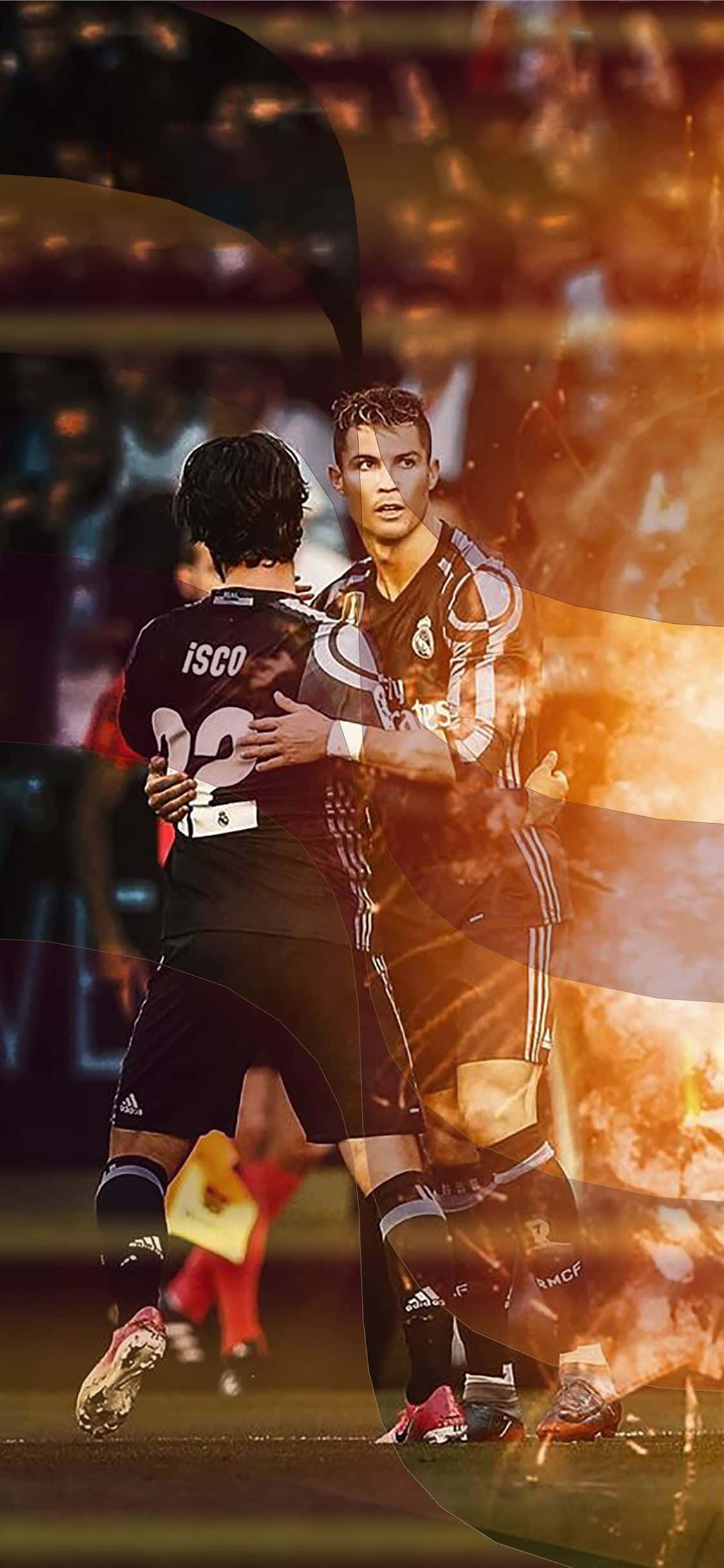 Soccer iPhone 桌布 壁紙 — 兩名足球運動員在球場上擁抱，帶有火熱的橙色和黑色抽象疊加效果，營造出戲劇性的效果。