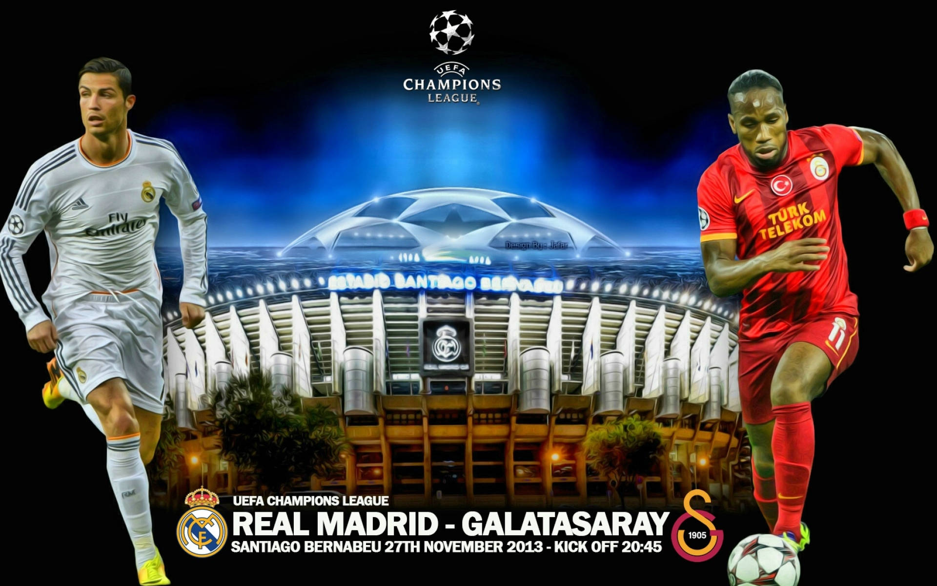 Uefa 桌布 壁紙 — 兩名足球運動員在黑暗天空下，在照明的聖地牙哥伯納烏球場兩側行動，帶有歐冠品牌標誌。